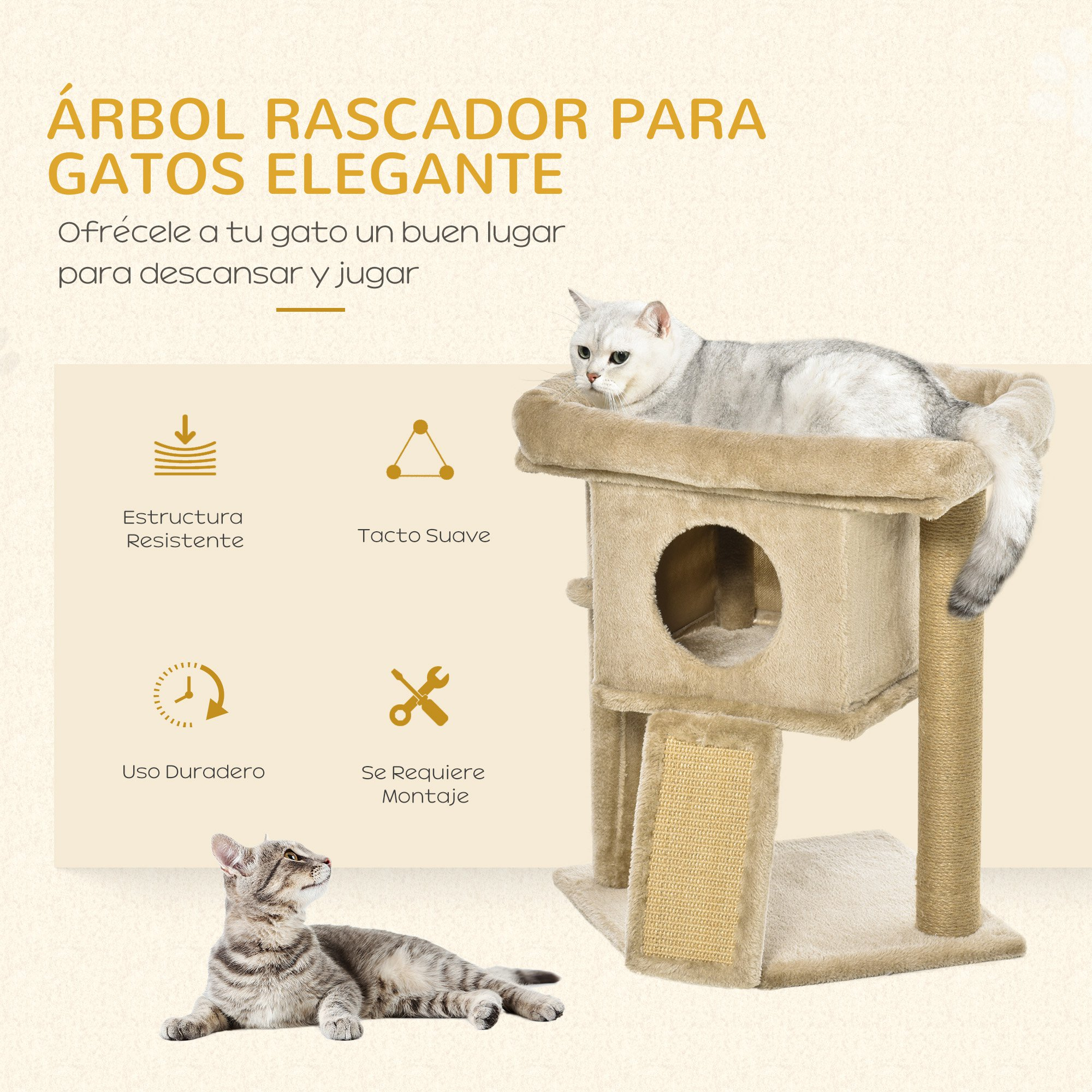 Un árbol para gatos con un gato encima y otro abajo. Combinación de colores neutros.