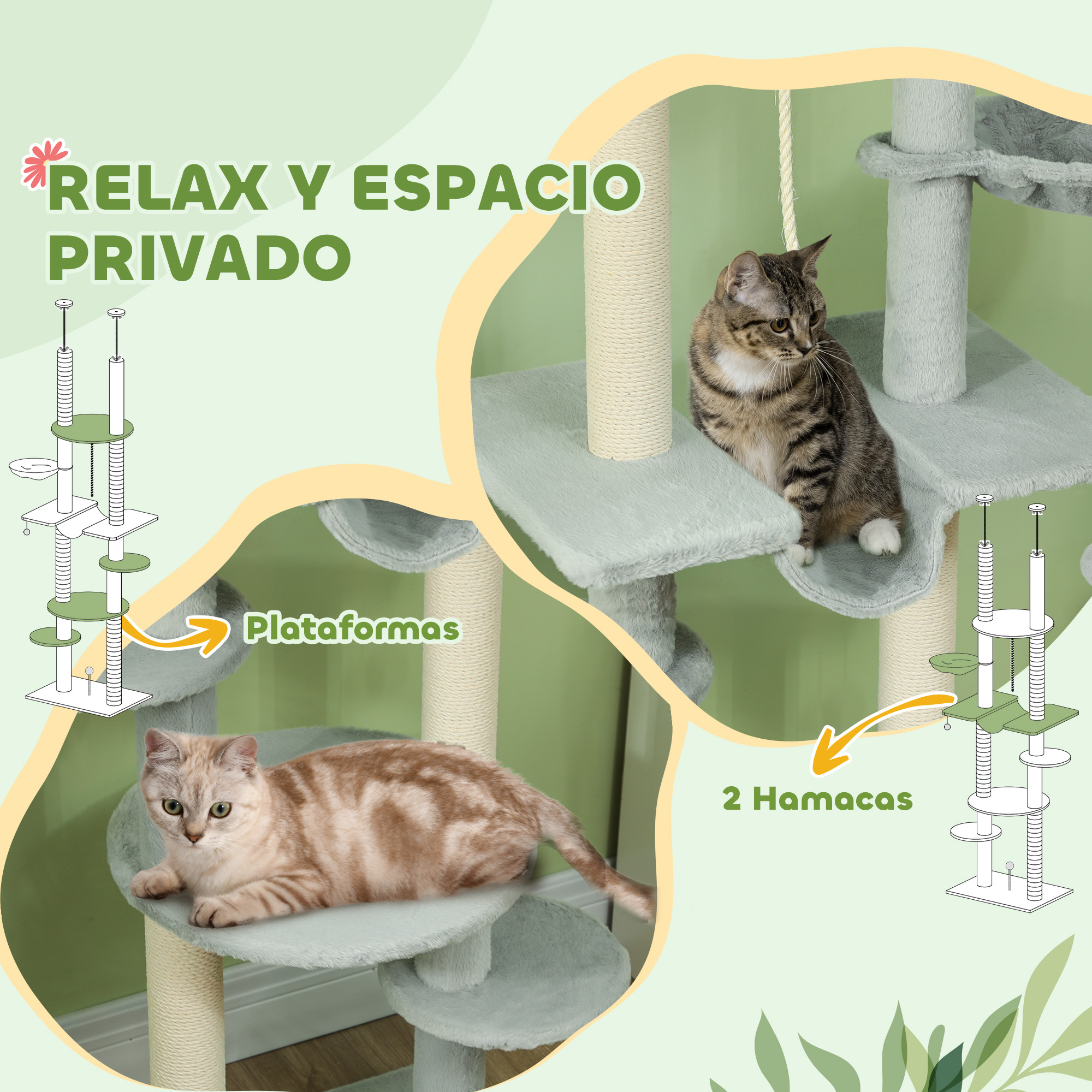 Dos gatos en un árbol para gatos, con diagramas de las plataformas y hamacas del árbol.
