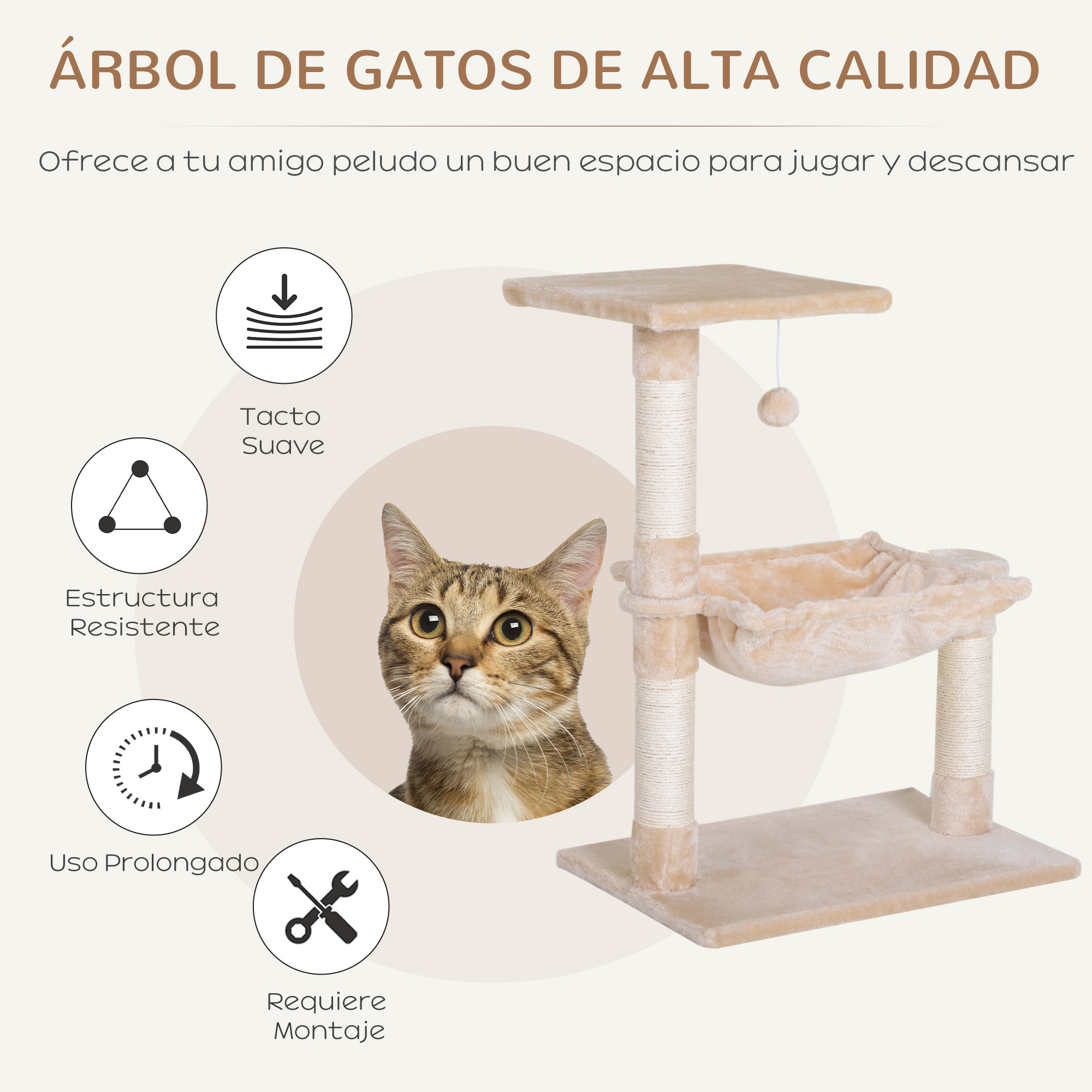 Árbol para gatos con rascador, gato y elementos, texto en español sobre características.