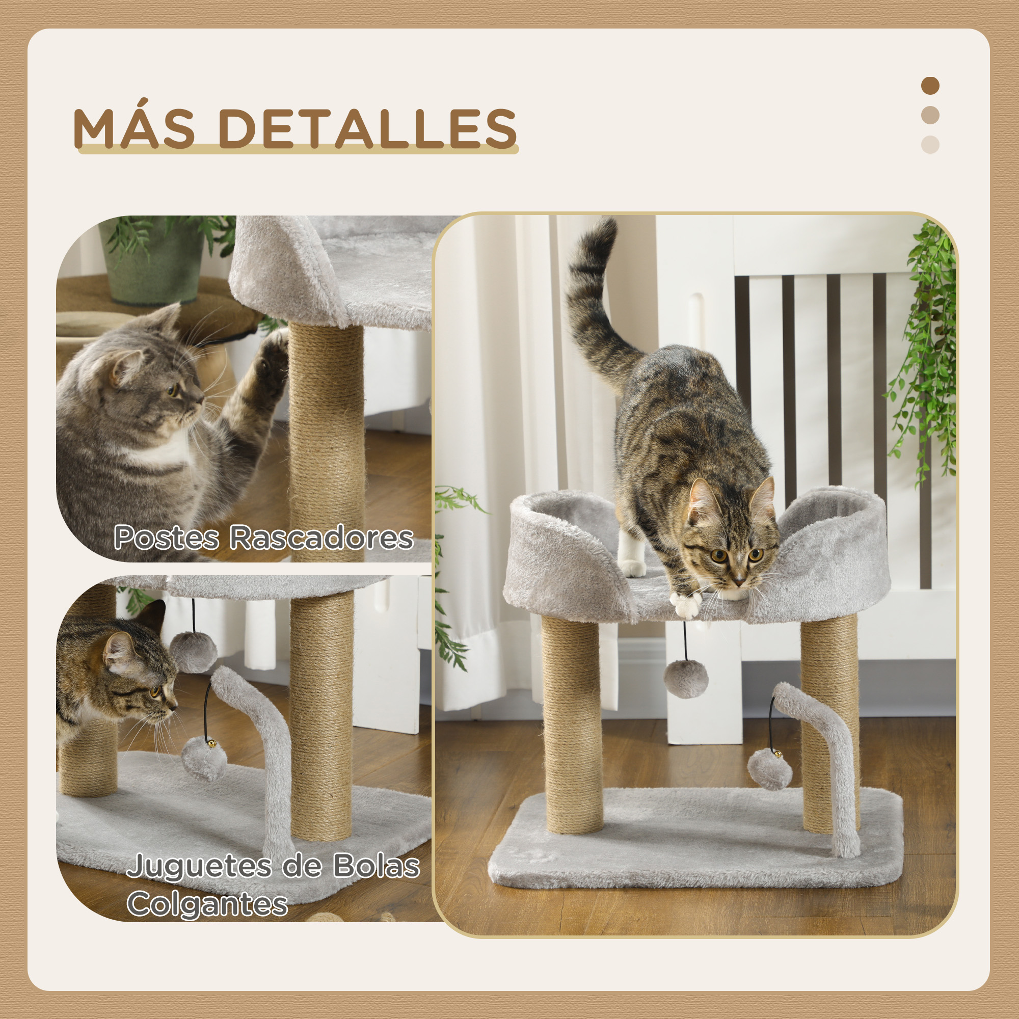 Gatos interactuando con un árbol para gatos gris con postes rascadores, juguetes de bola colgantes.