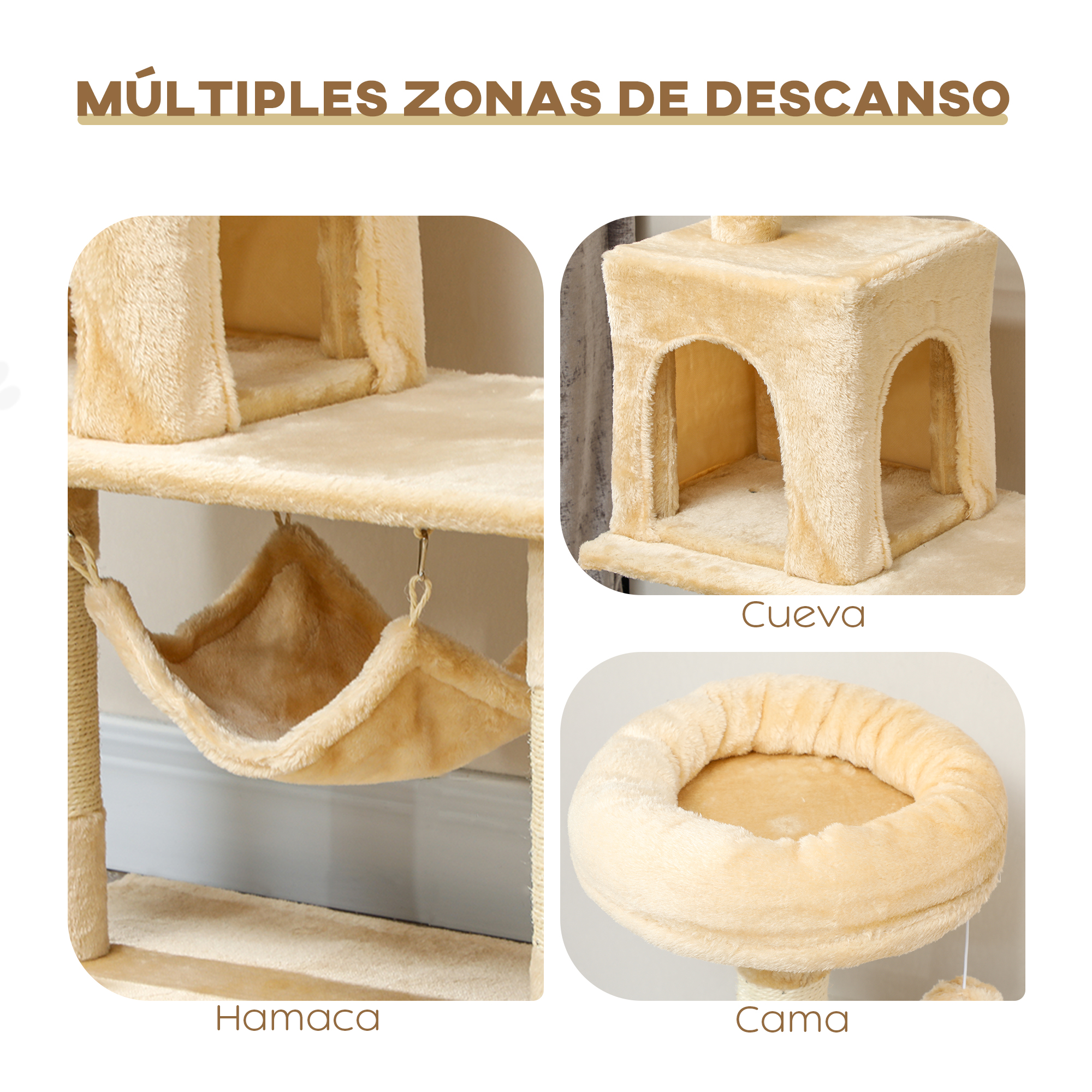 Árbol para gatos con múltiples áreas de descanso, incluyendo hamaca, cueva y cama.