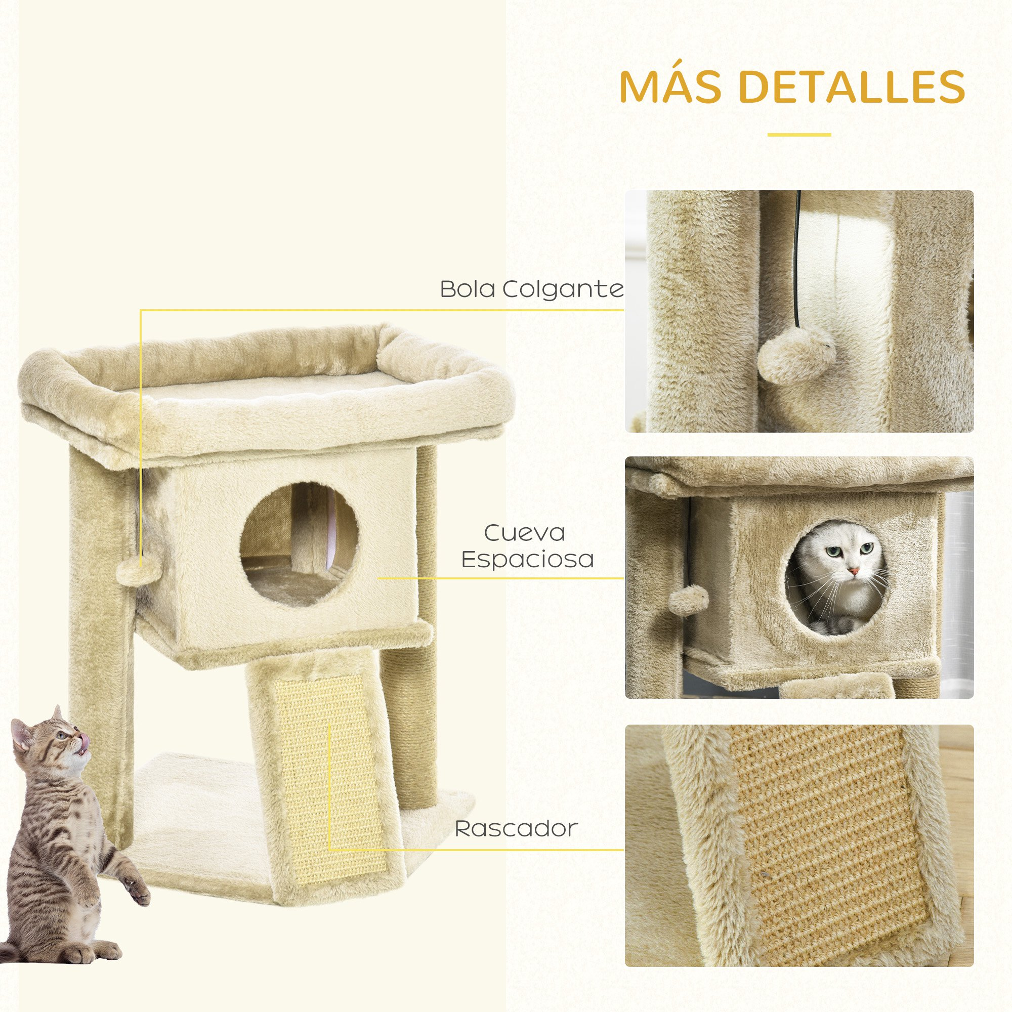 Un árbol para gatos con un gato mirando fuera de una cueva y otro gato mirando hacia arriba al árbol. Se proporcionan vistas detalladas.