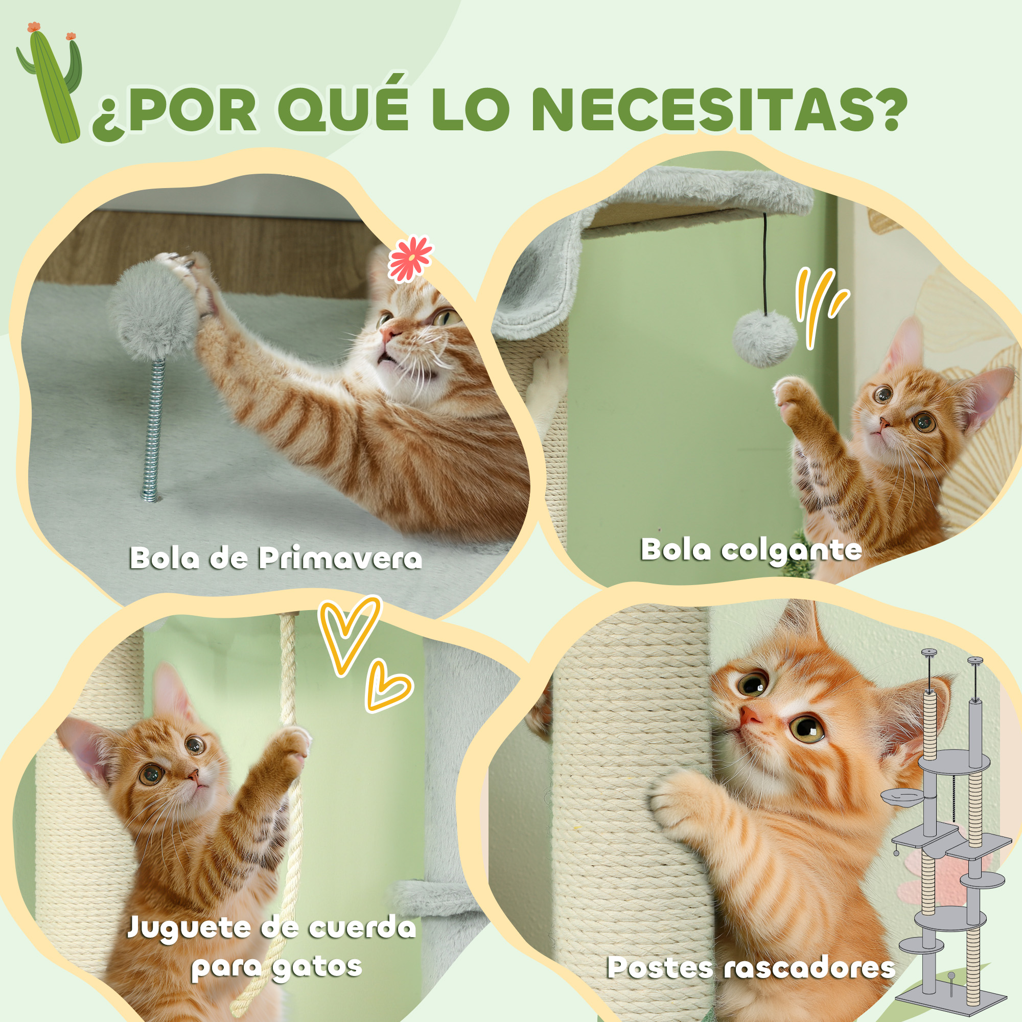 Cuatro imágenes muestran a un gato jugando con juguetes para gatos: bola de resorte, bola colgante, juguete de cuerda y rascadores.