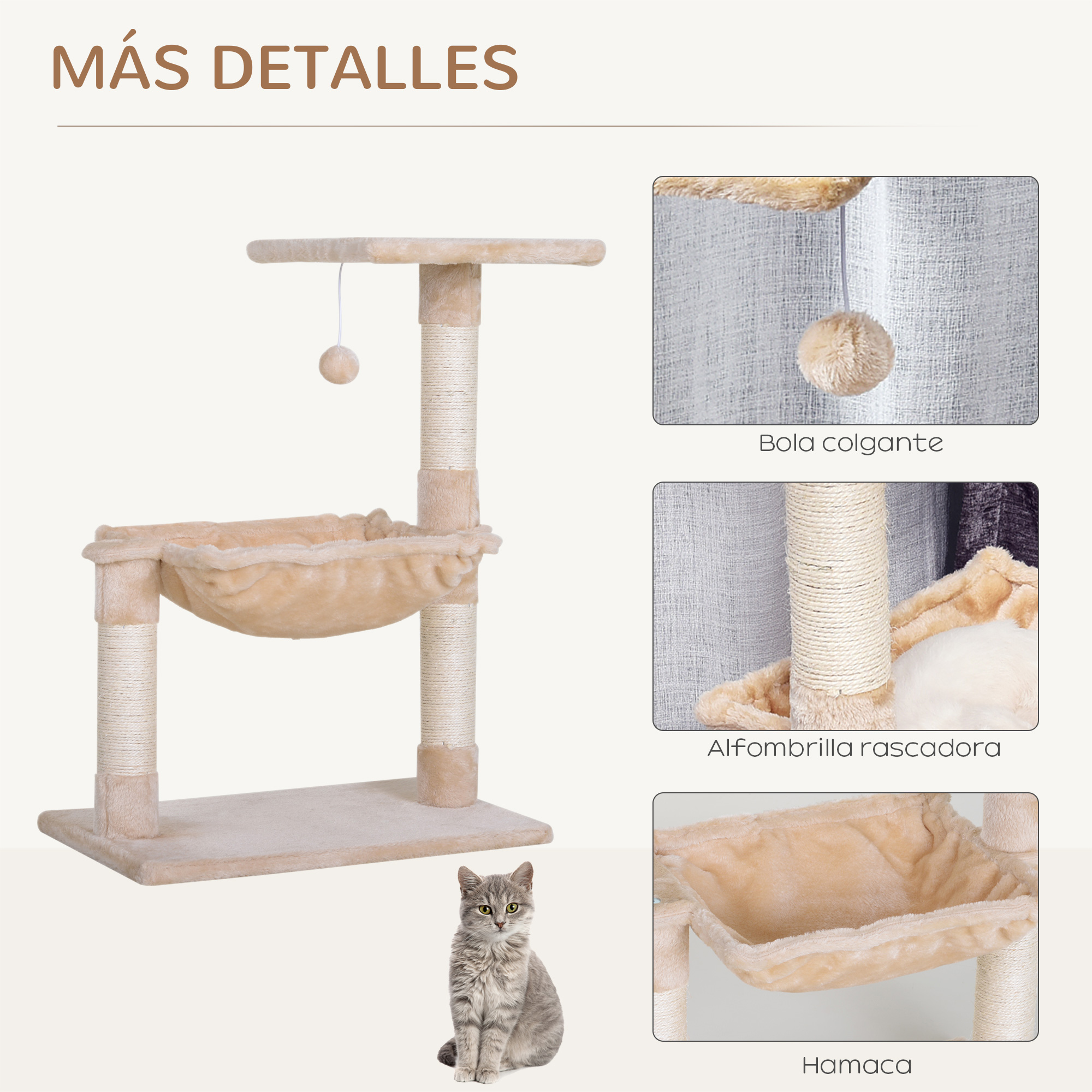 Árbol para gatos con juguete colgante y un gato. Primeros planos del rascador y la hamaca.
