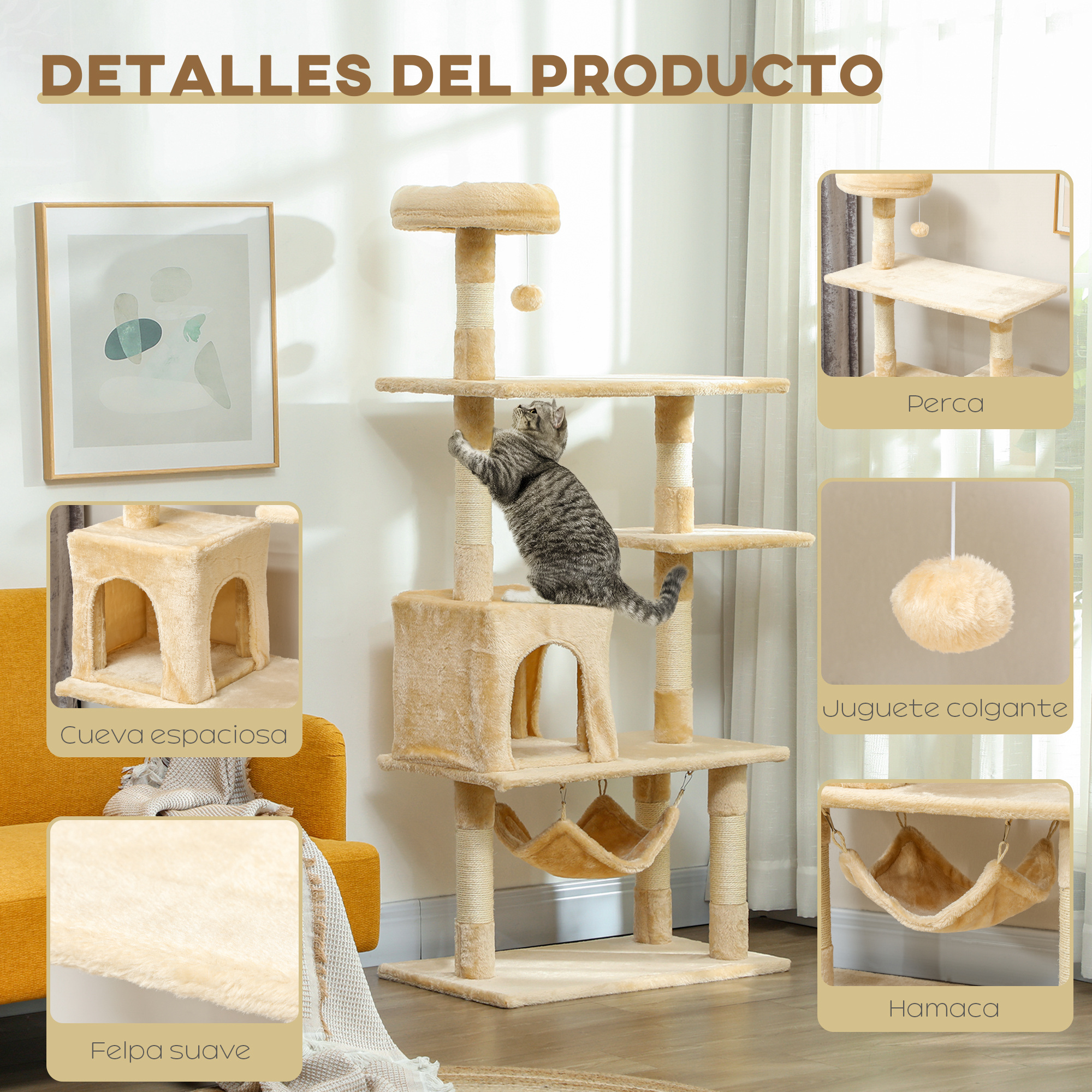 Un árbol para gatos con múltiples niveles, un gato jugando en el nivel superior y varias fotos de detalles del producto.