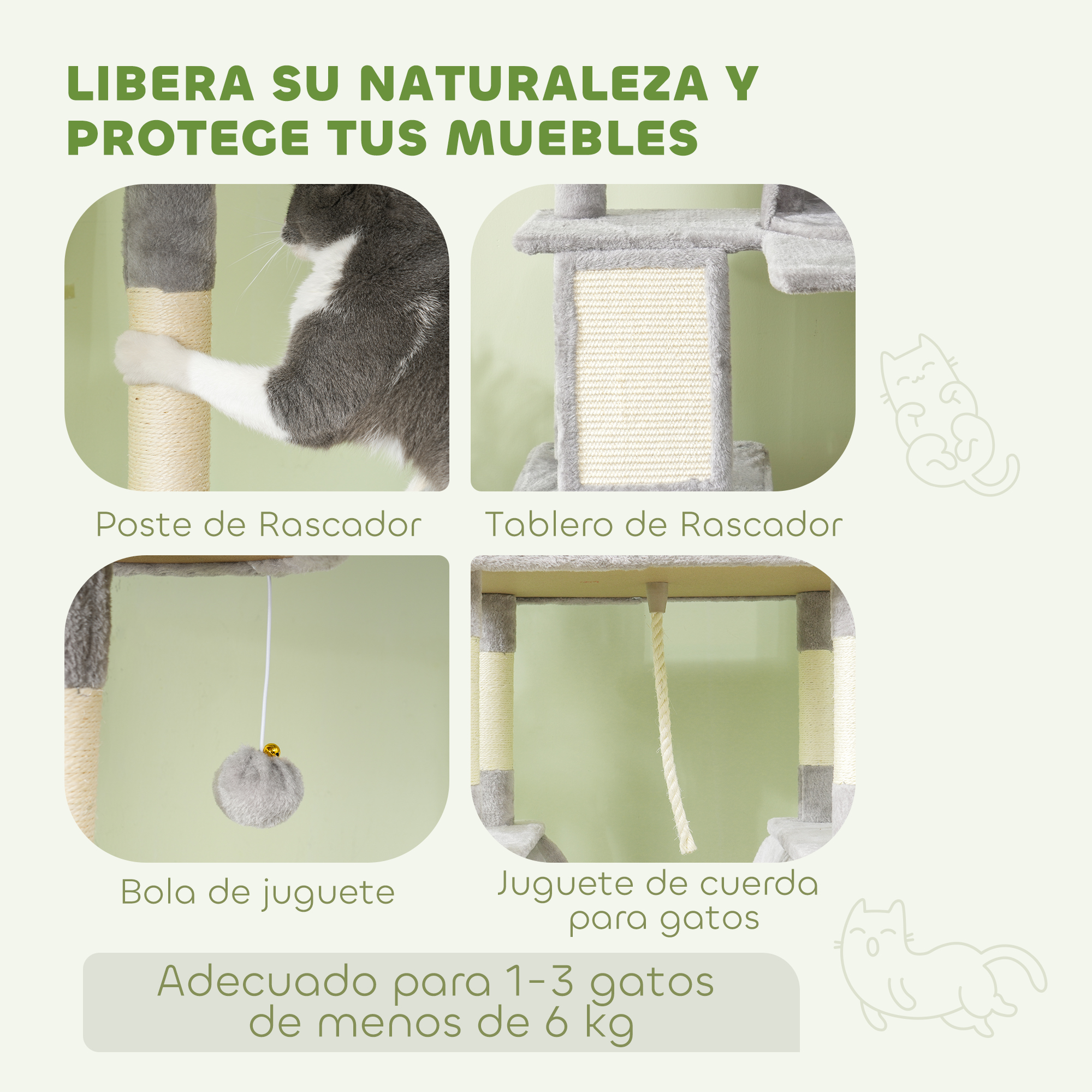 Cuatro imágenes de un árbol para gatos con texto que describe las características.
