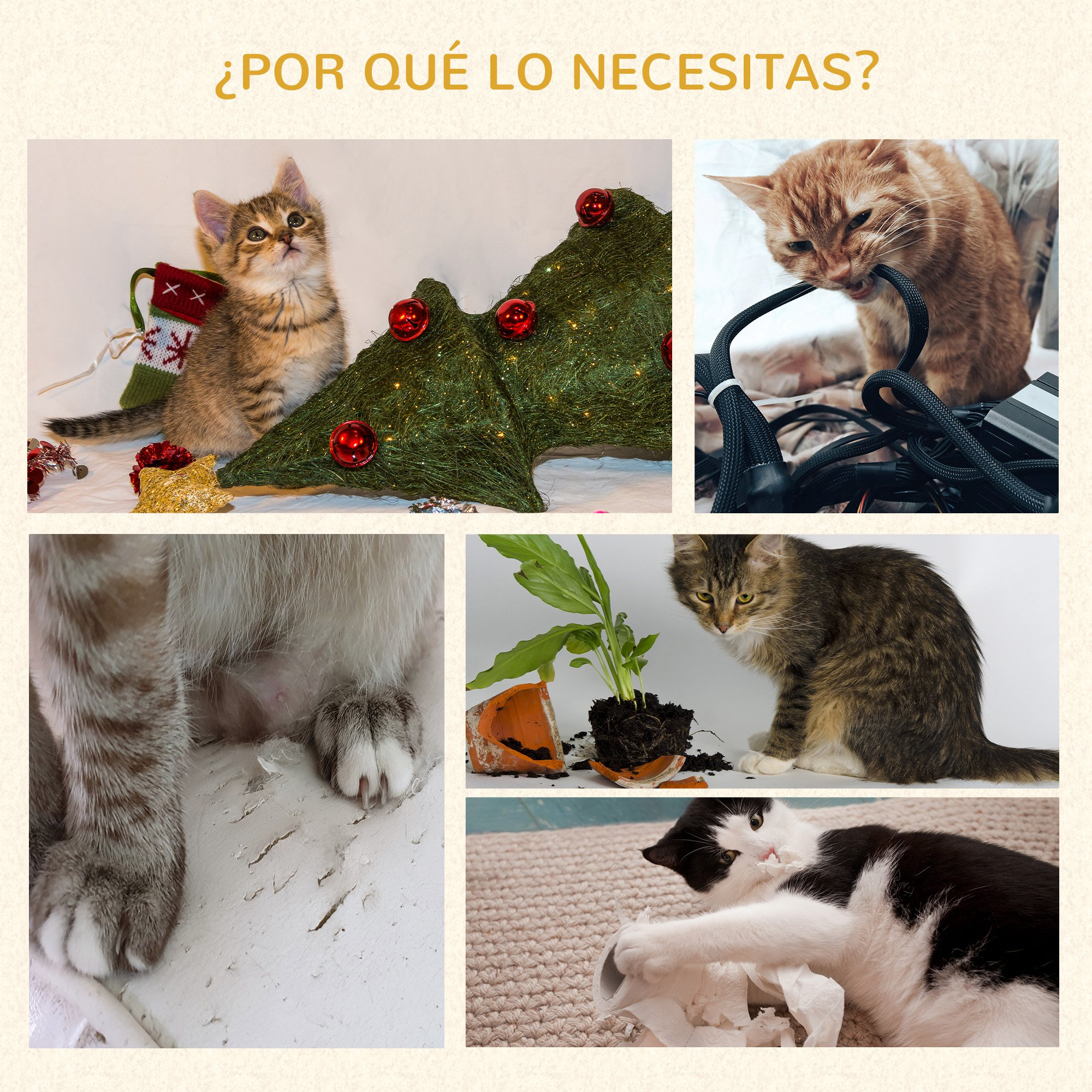Gatos con árbol de Navidad, cable roto y planta destruida. La imagen muestra los resultados de los gatos.