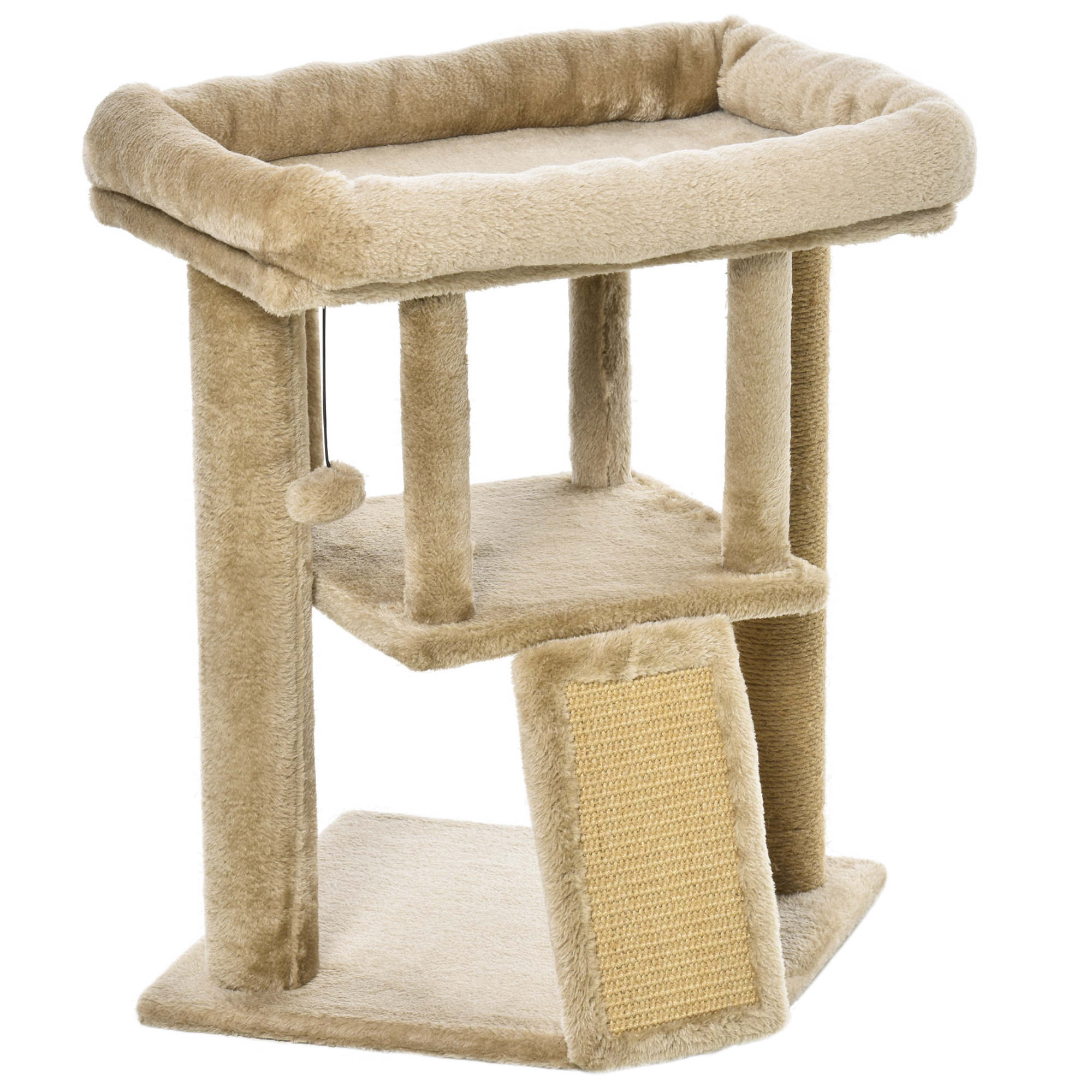 Un árbol para gatos beige con múltiples plataformas y un poste rascador.