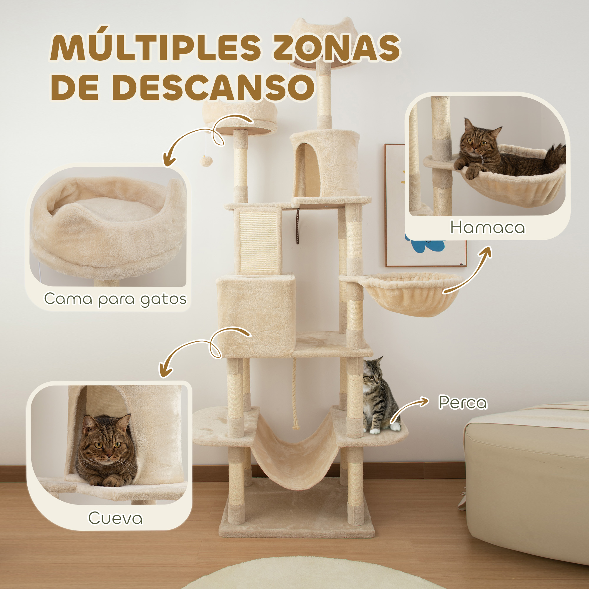 Árbol para gatos con múltiples zonas de descanso: cama, hamaca, cueva y percha.