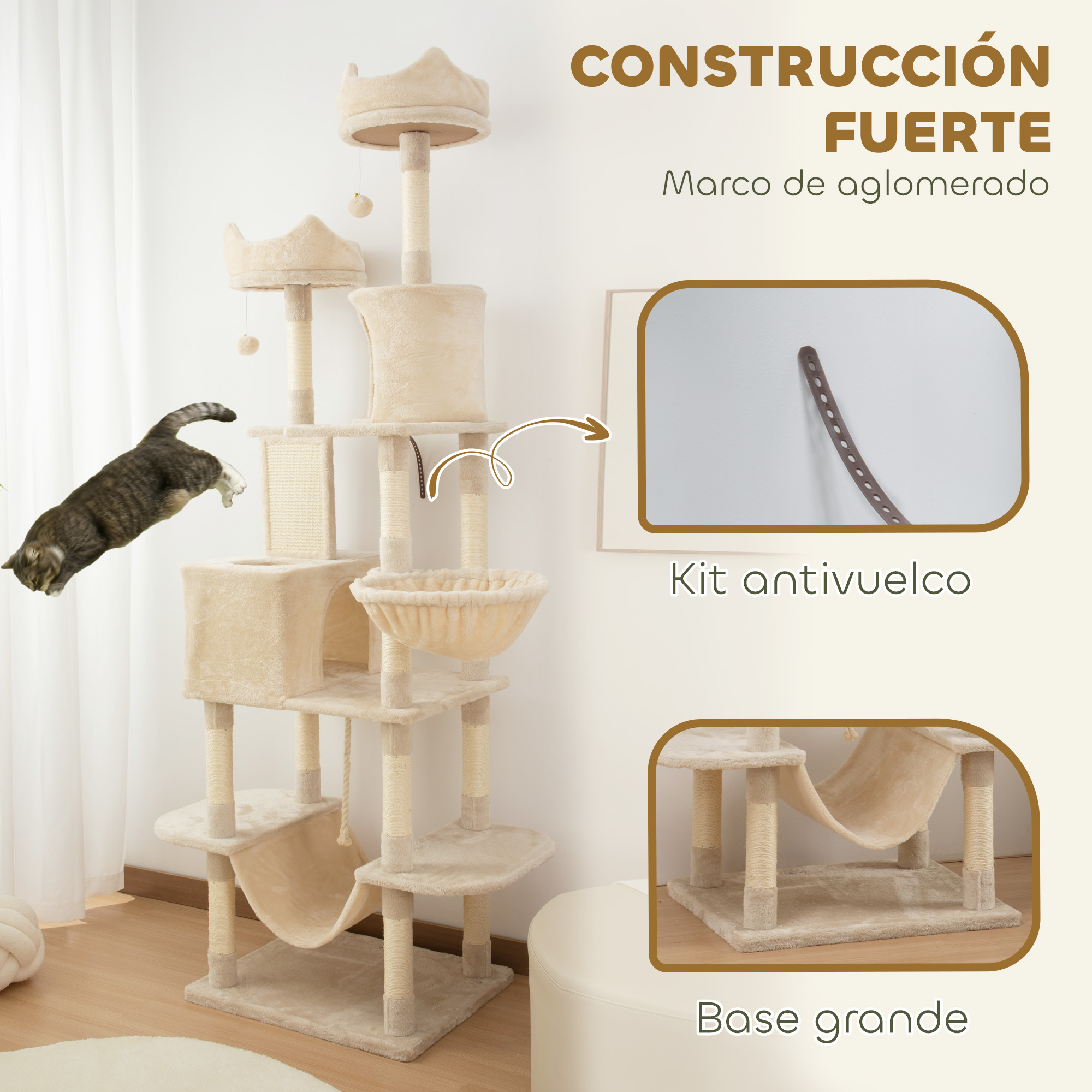 Árbol para gatos con varios niveles y un gato saltando. Incluye un kit antivuelco.