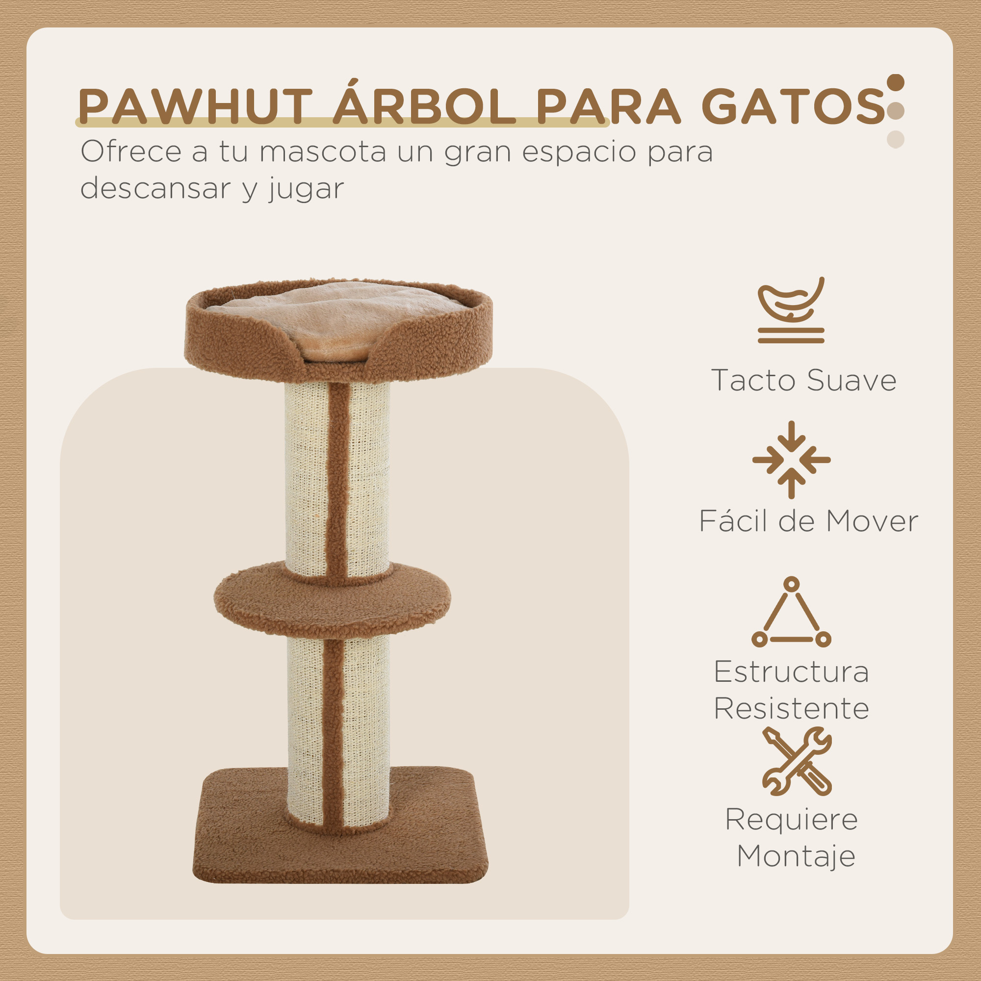 Árbol para gatos con varios niveles. Colores marrón y beige. Texto: 'Pawhut árbol para gatos'.