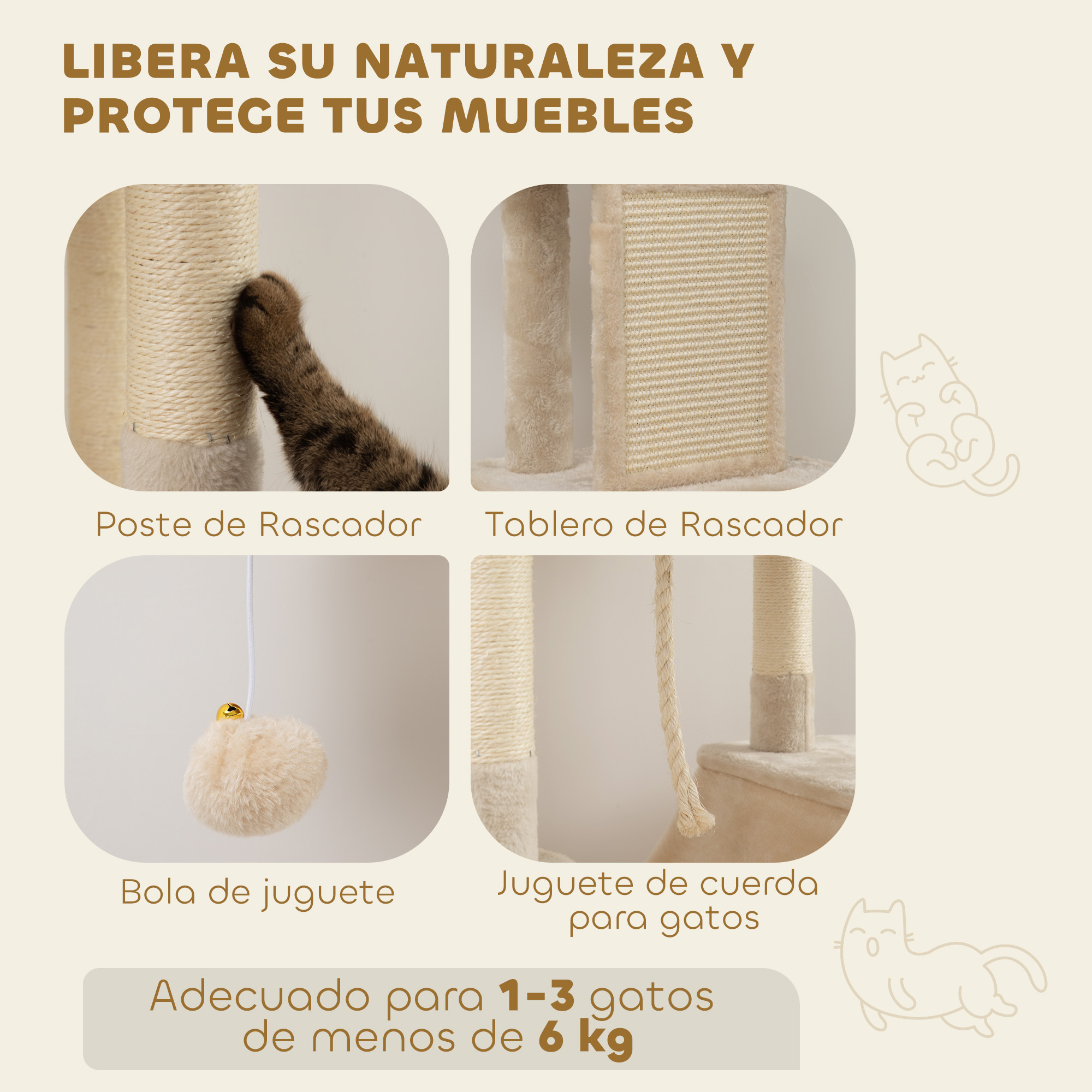 Imágenes de primer plano que muestran un poste rascador para gatos, un juguete y un juguete de cuerda. Adecuado para 1-3 gatos.