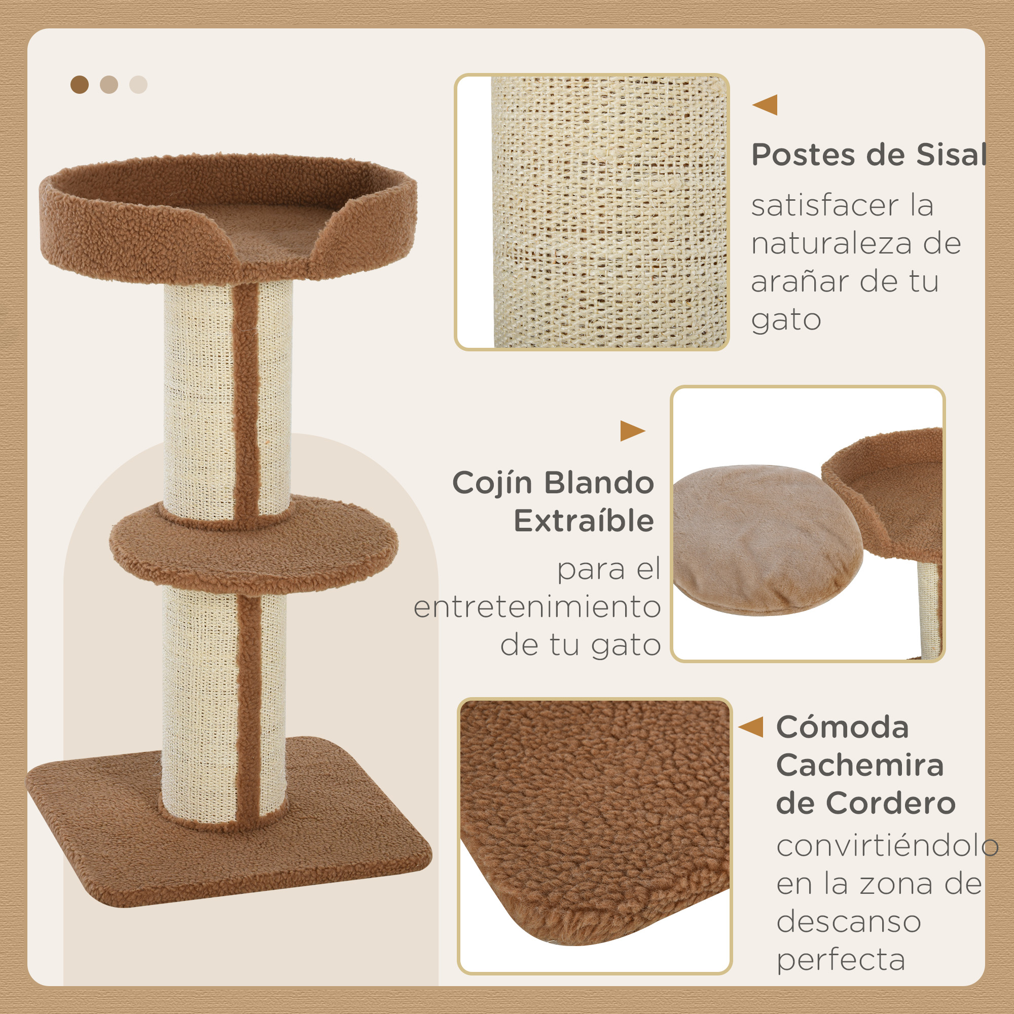 Rascador para gatos con primeros planos de postes de sisal, cojines de felpa.