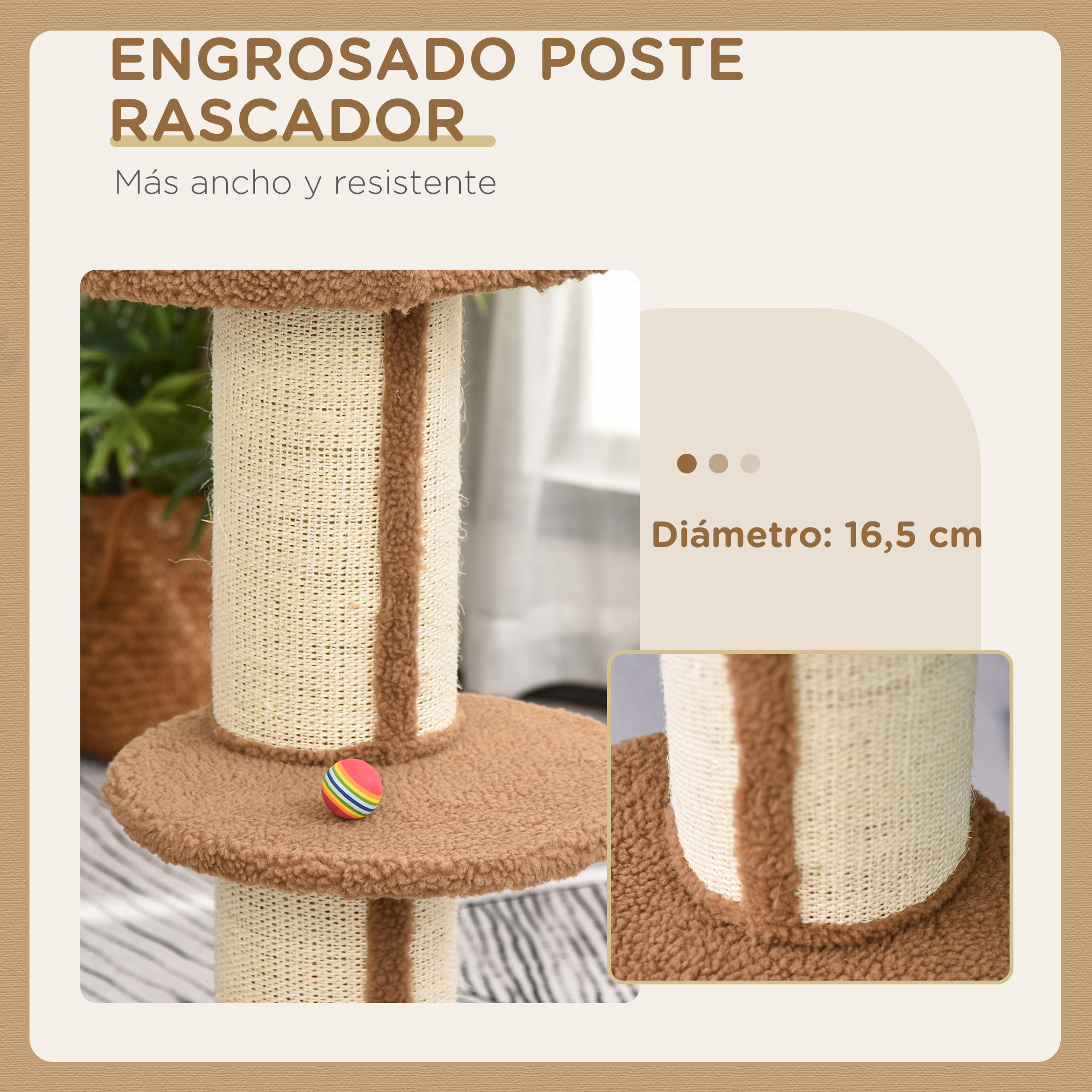 Primer plano de un rascador para gatos con una bola. Tiene felpa marrón y superficie de sisal.