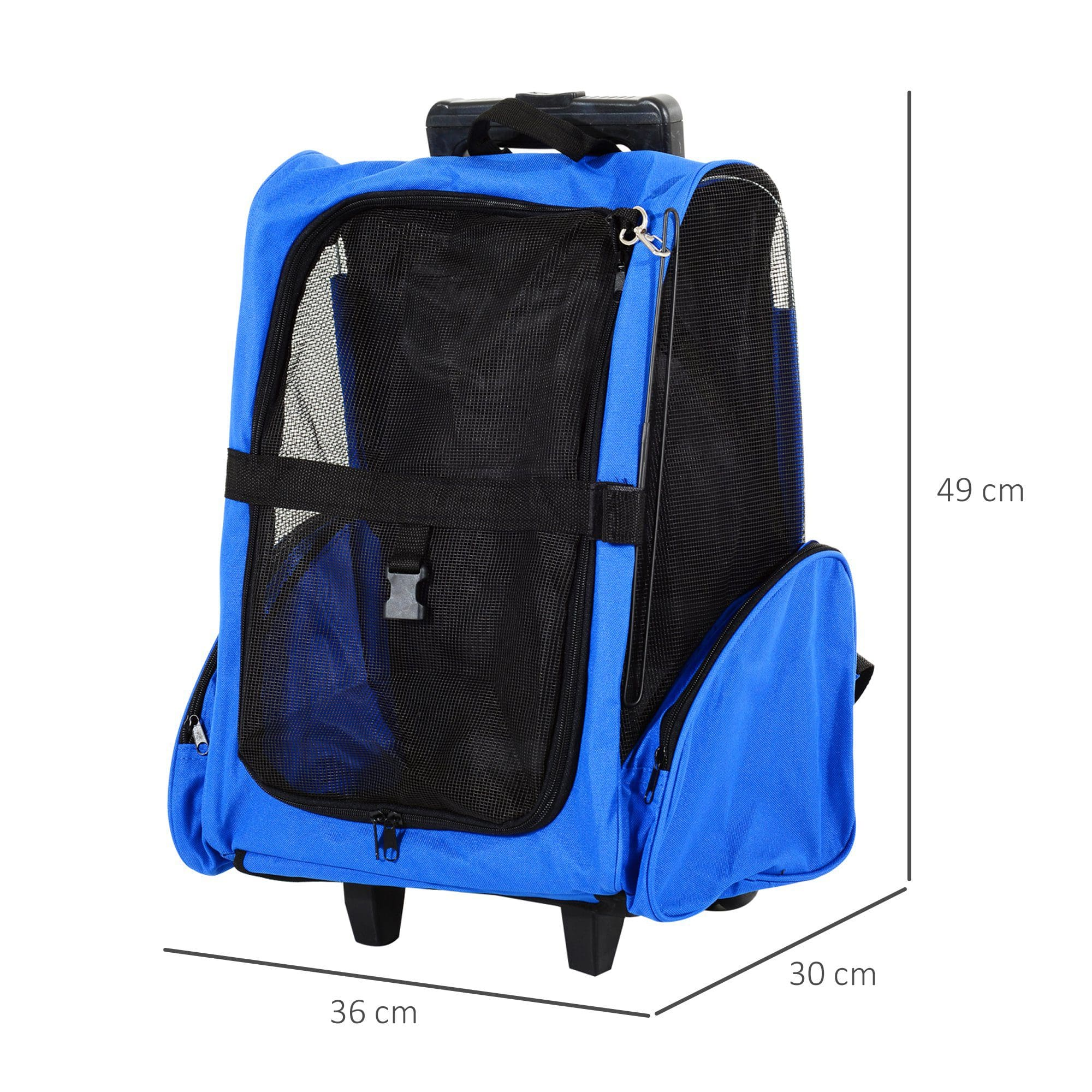 Transportín azul para mascotas con ventanas de malla negra y asa. Se indican las dimensiones.