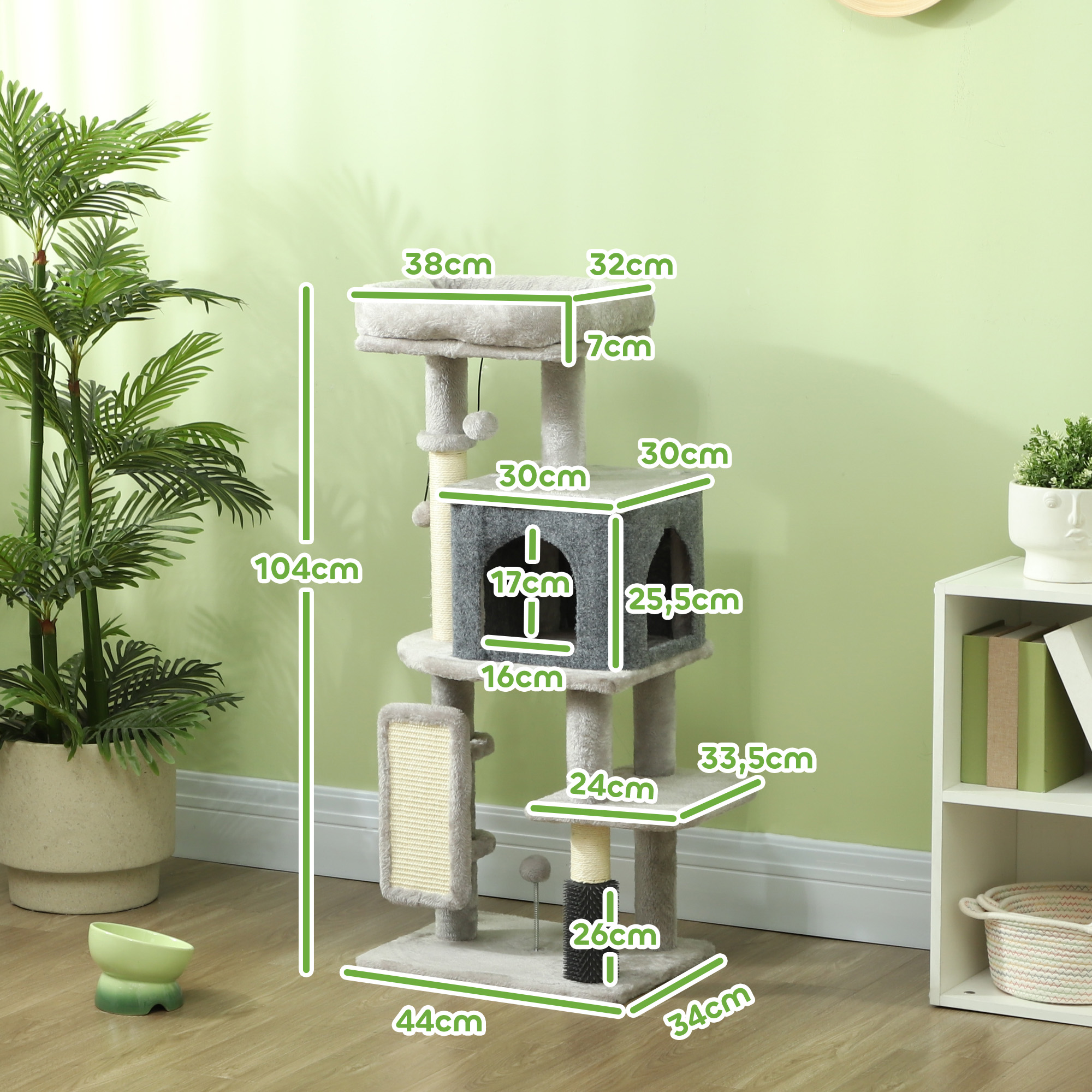 Árbol para gatos con múltiples niveles, las medidas están etiquetadas. El árbol tiene una cama superior, un cubo, estantes y un rascador.