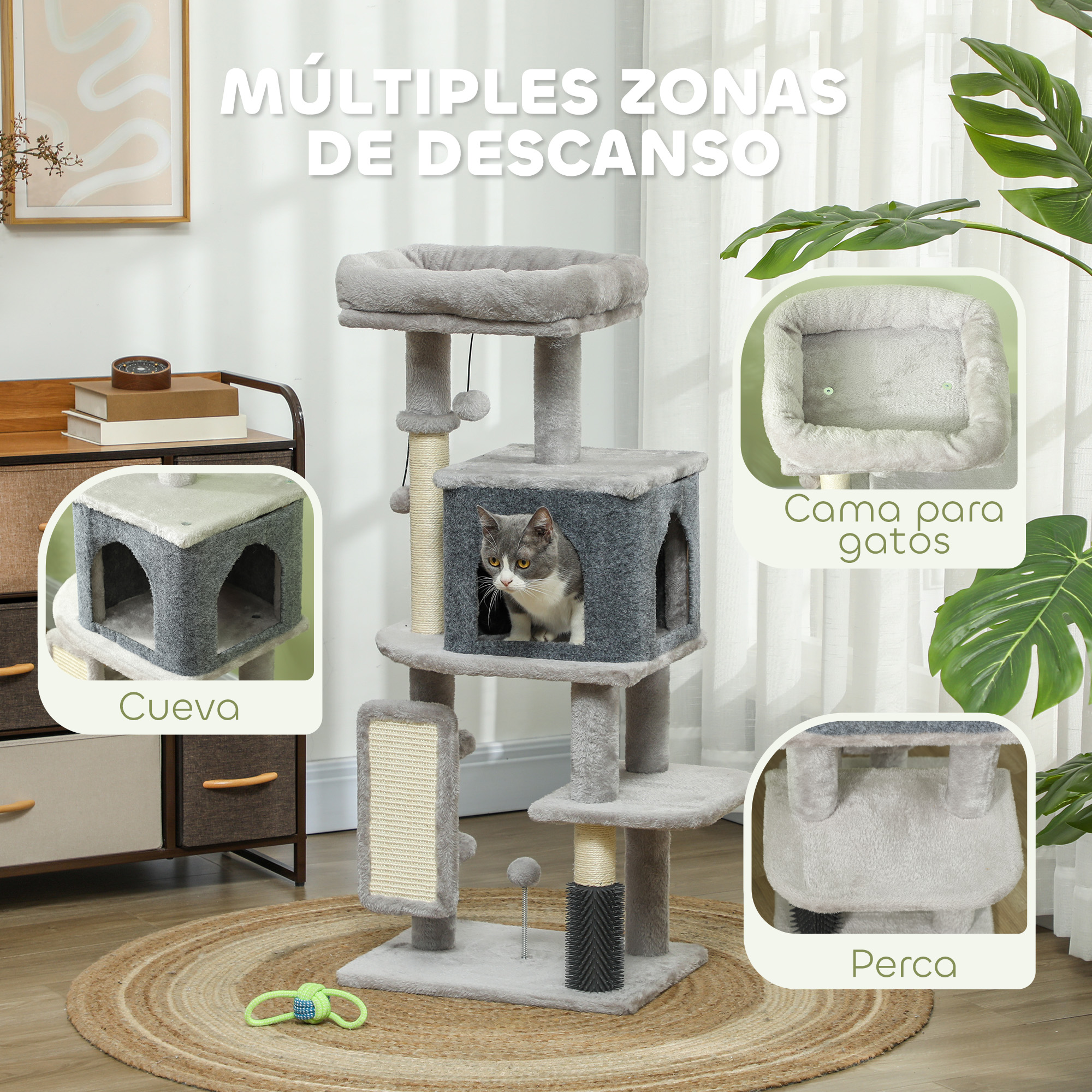 Un árbol para gatos de varios niveles con un gato dentro. Varias áreas de descanso. El fondo tiene plantas.