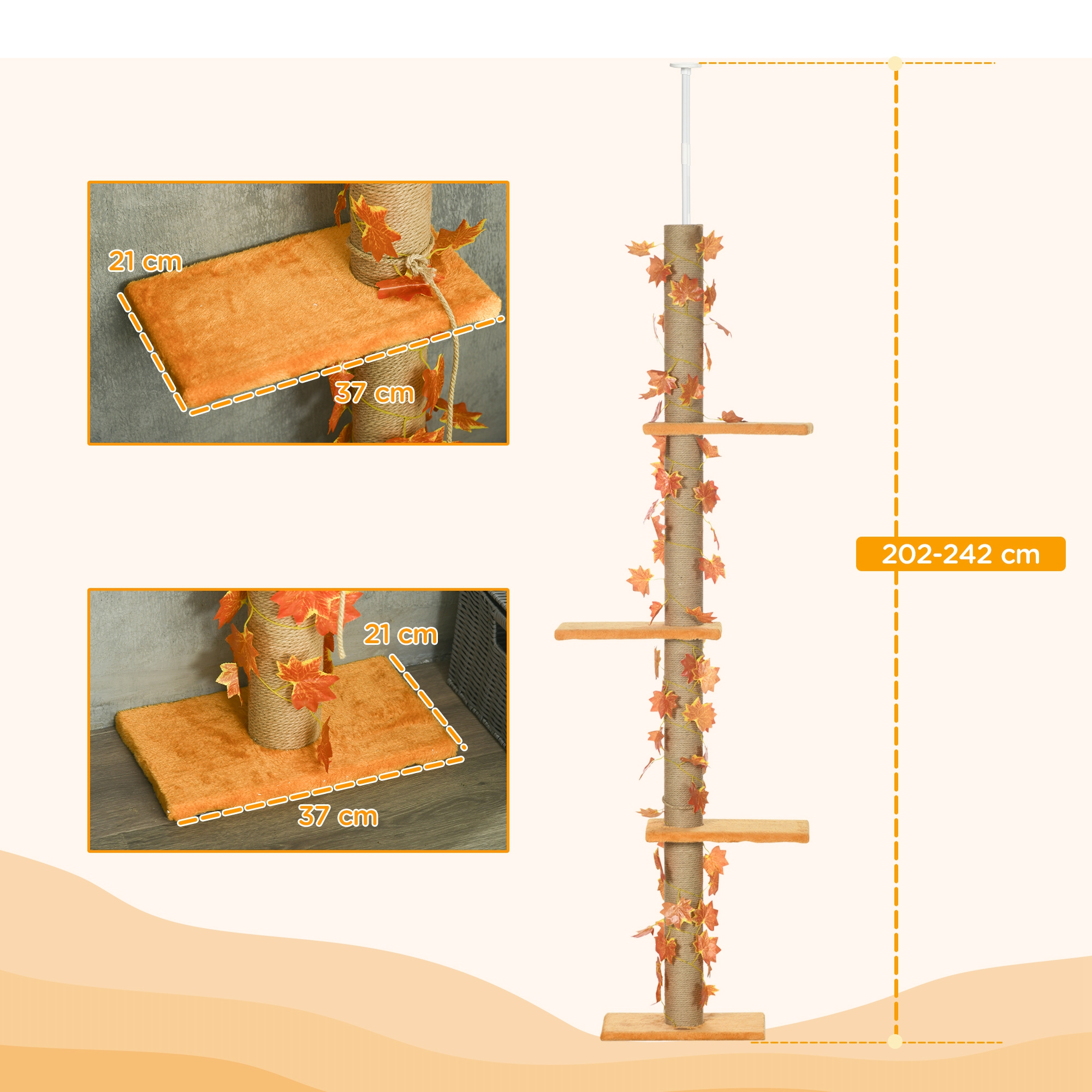 Árbol para gatos con plataformas y hojas. Dos primeros planos de las plataformas. Se muestran las dimensiones.