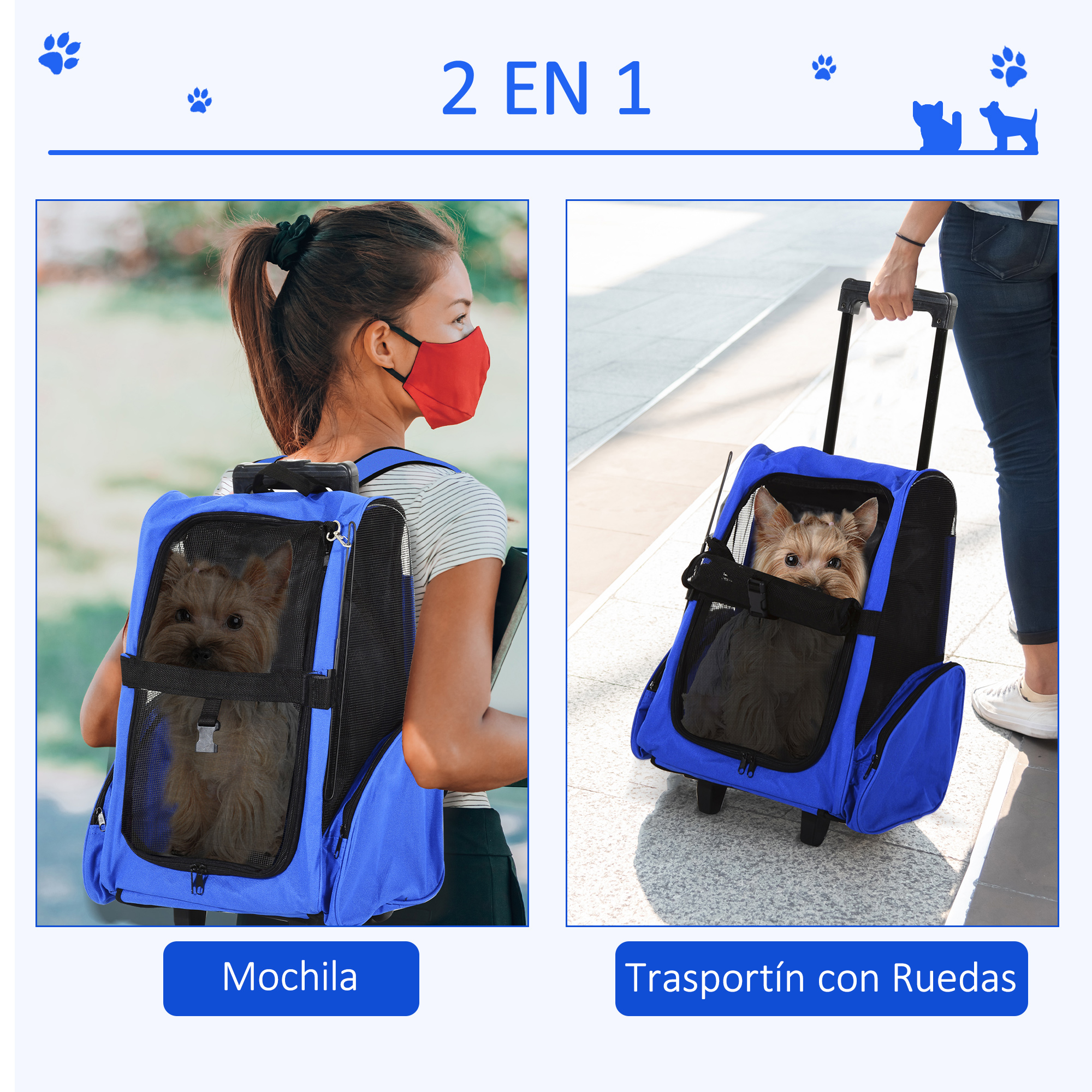 Mochila transportadora para perros y transportador con ruedas, ambos azules, con un perro dentro.