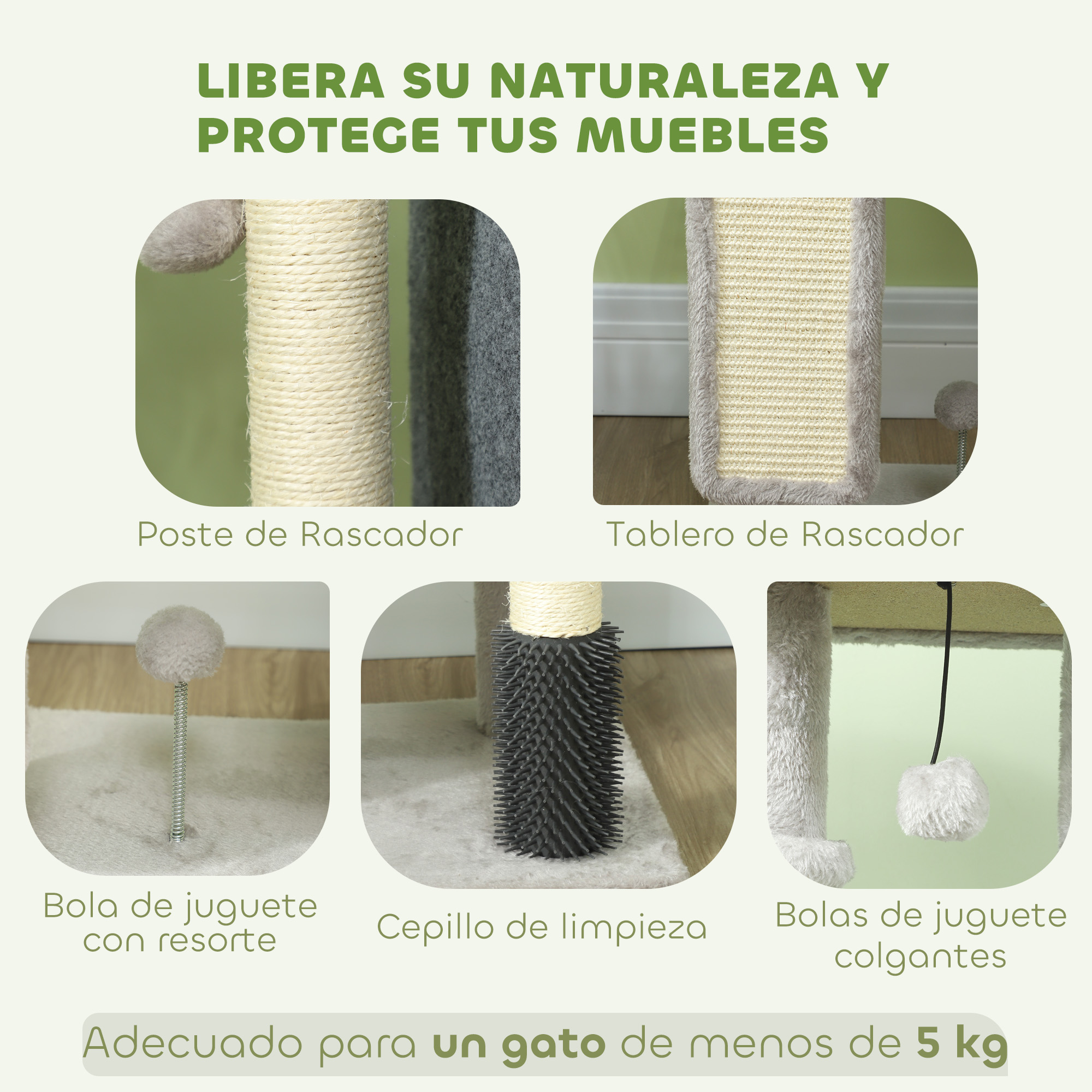 Partes del poste rascador para gatos: poste rascador, tabla rascadora, bola de juguete, cepillo de limpieza y bolas colgantes.