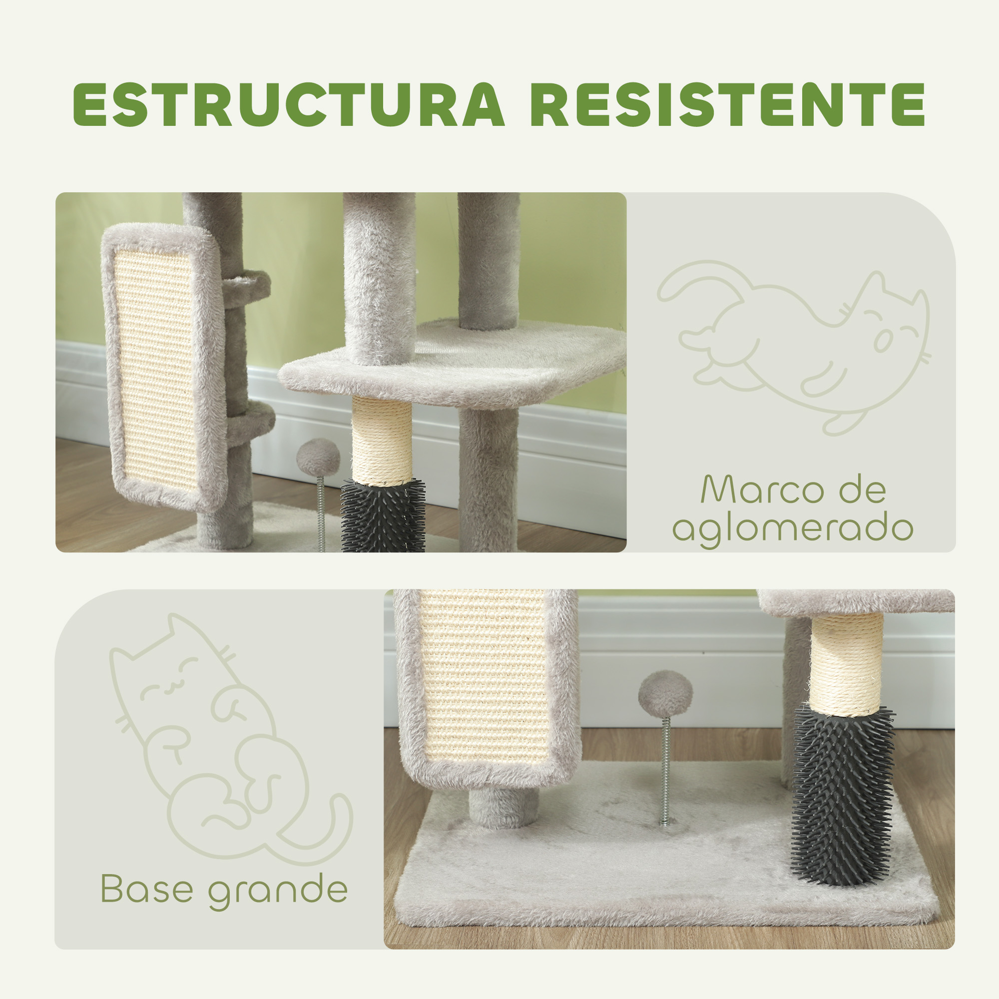 Partes del árbol para gatos con texto sobre estructura duradera y marco.