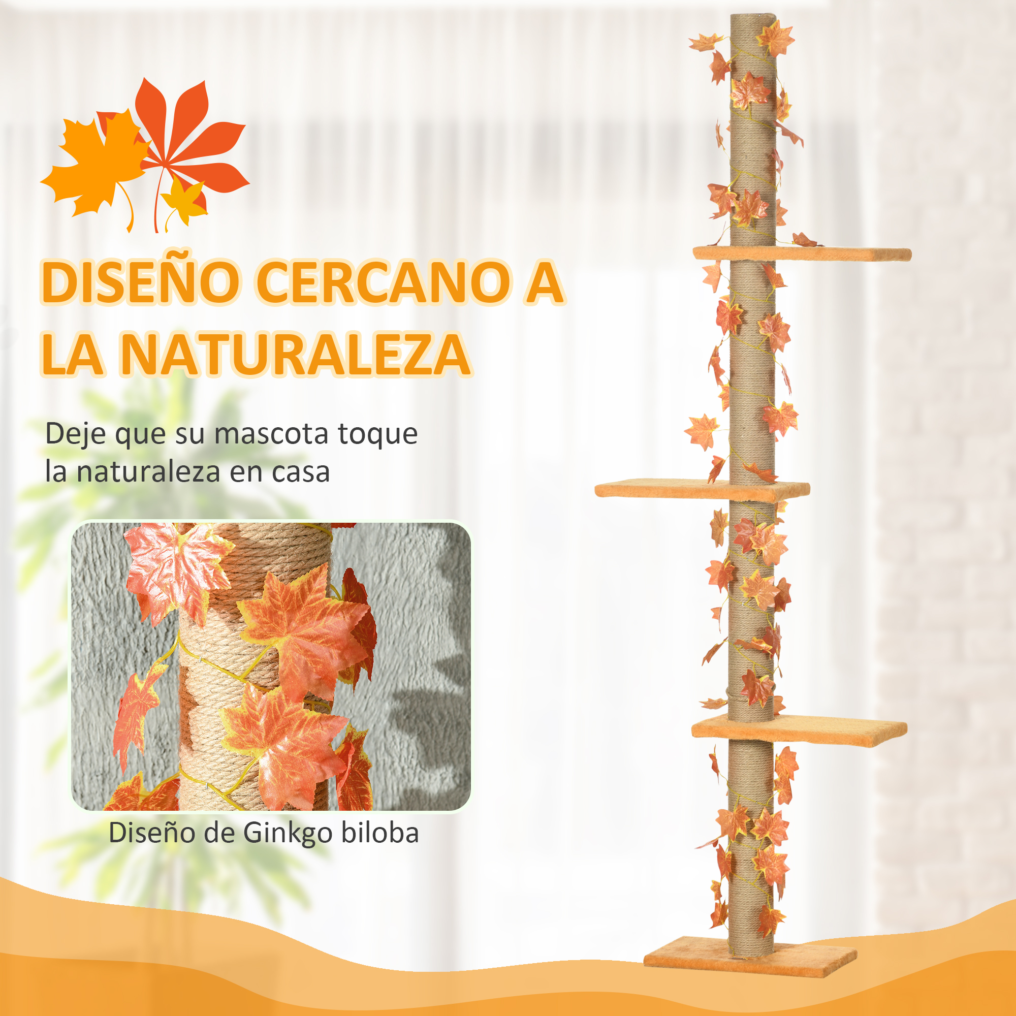 Árbol para gatos con hojas y texto: 'DISEÑO CERCA A LA NATURALEZA'. Una pequeña imagen muestra un detalle.