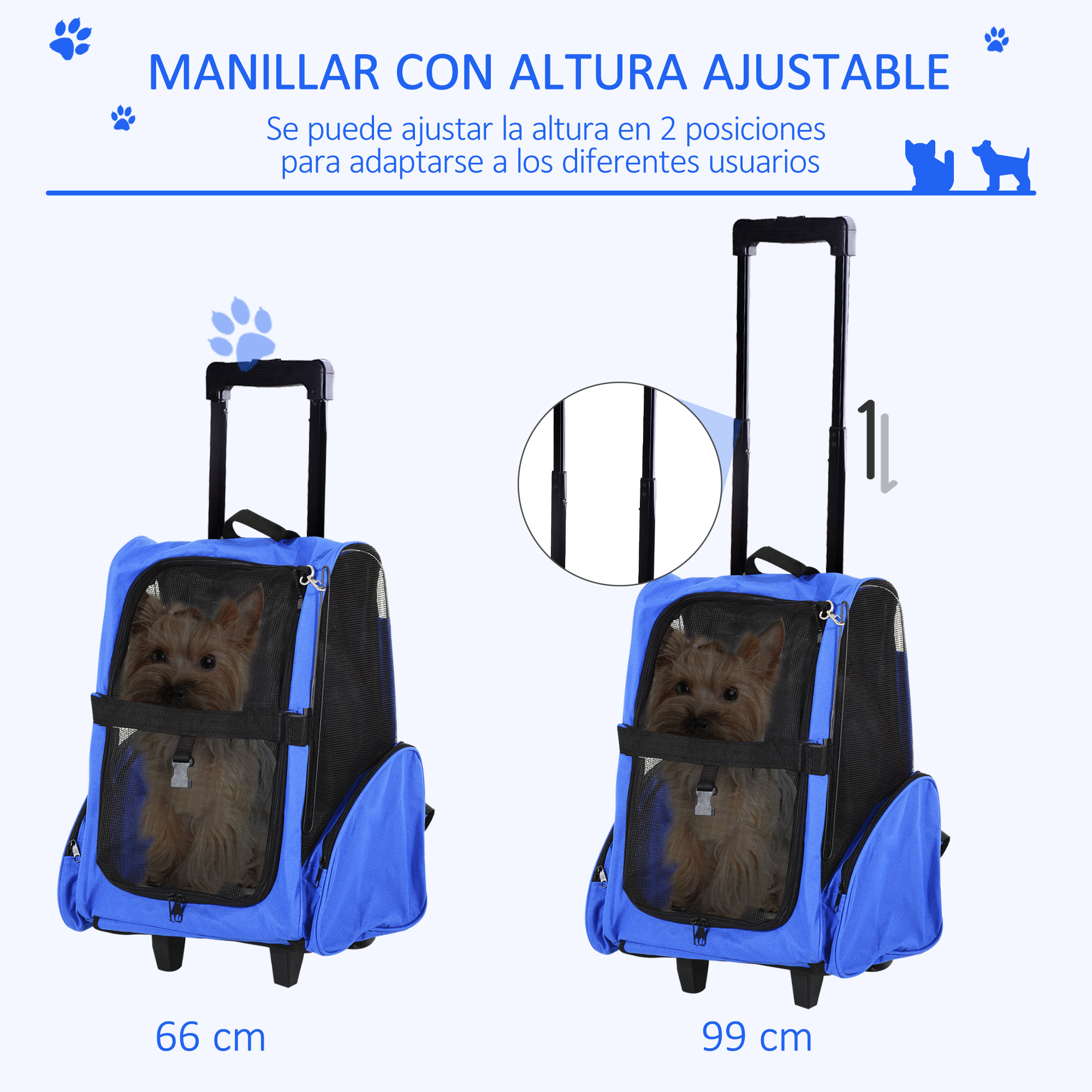 Dos cochecitos transportadores de mascotas mostrados, uno extendido y otro plegado, con medidas.