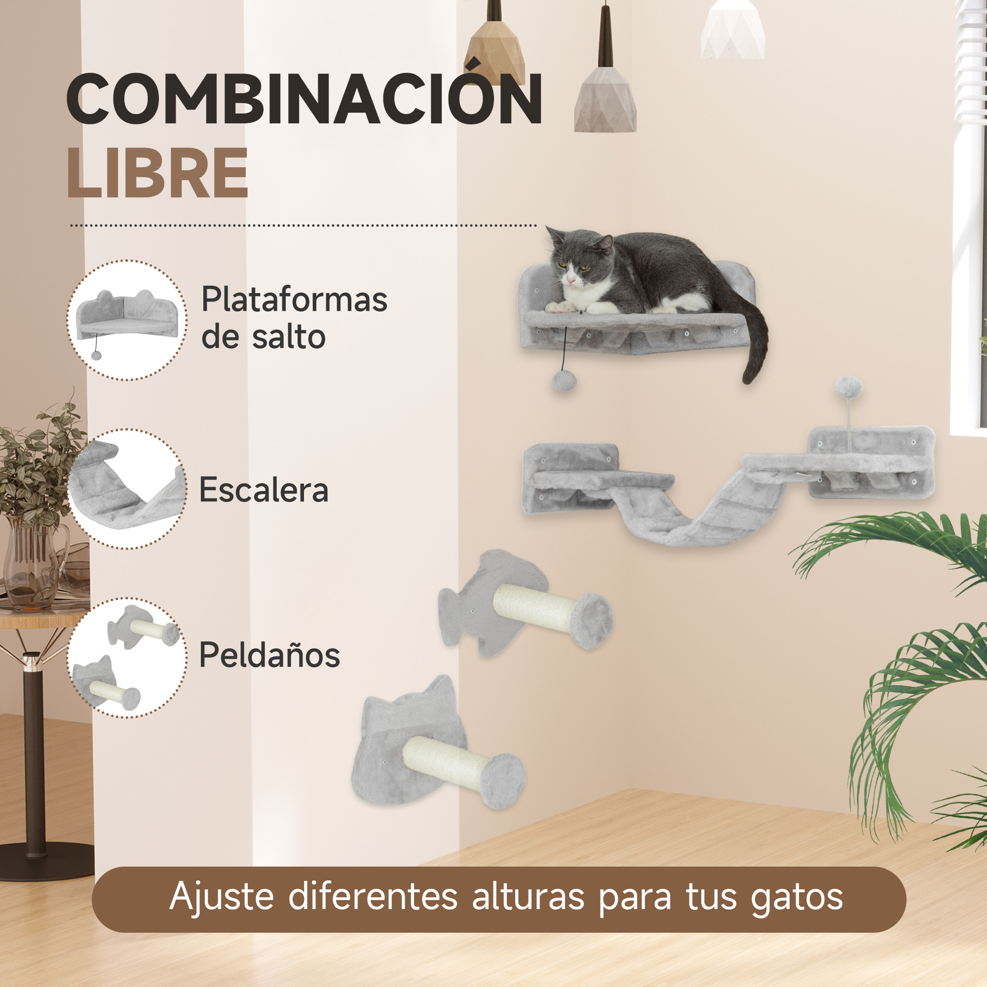Árbol para gatos con un gato encima, con plataformas y escaleras. El árbol y el gato están en una habitación.