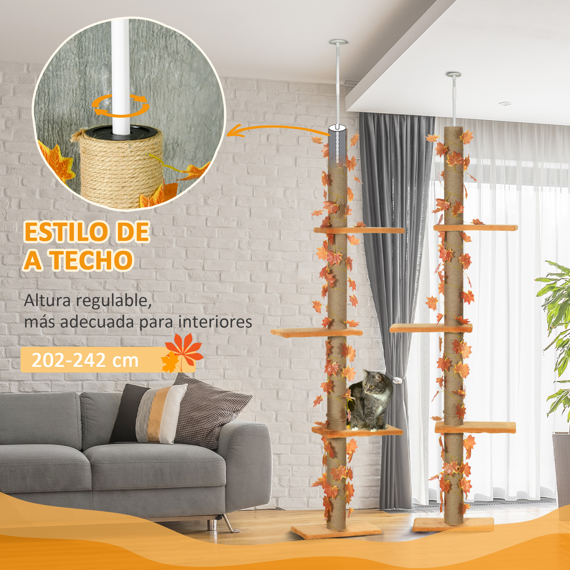 Árbol para gatos con múltiples plataformas. Un gato gris está sentado en una plataforma.