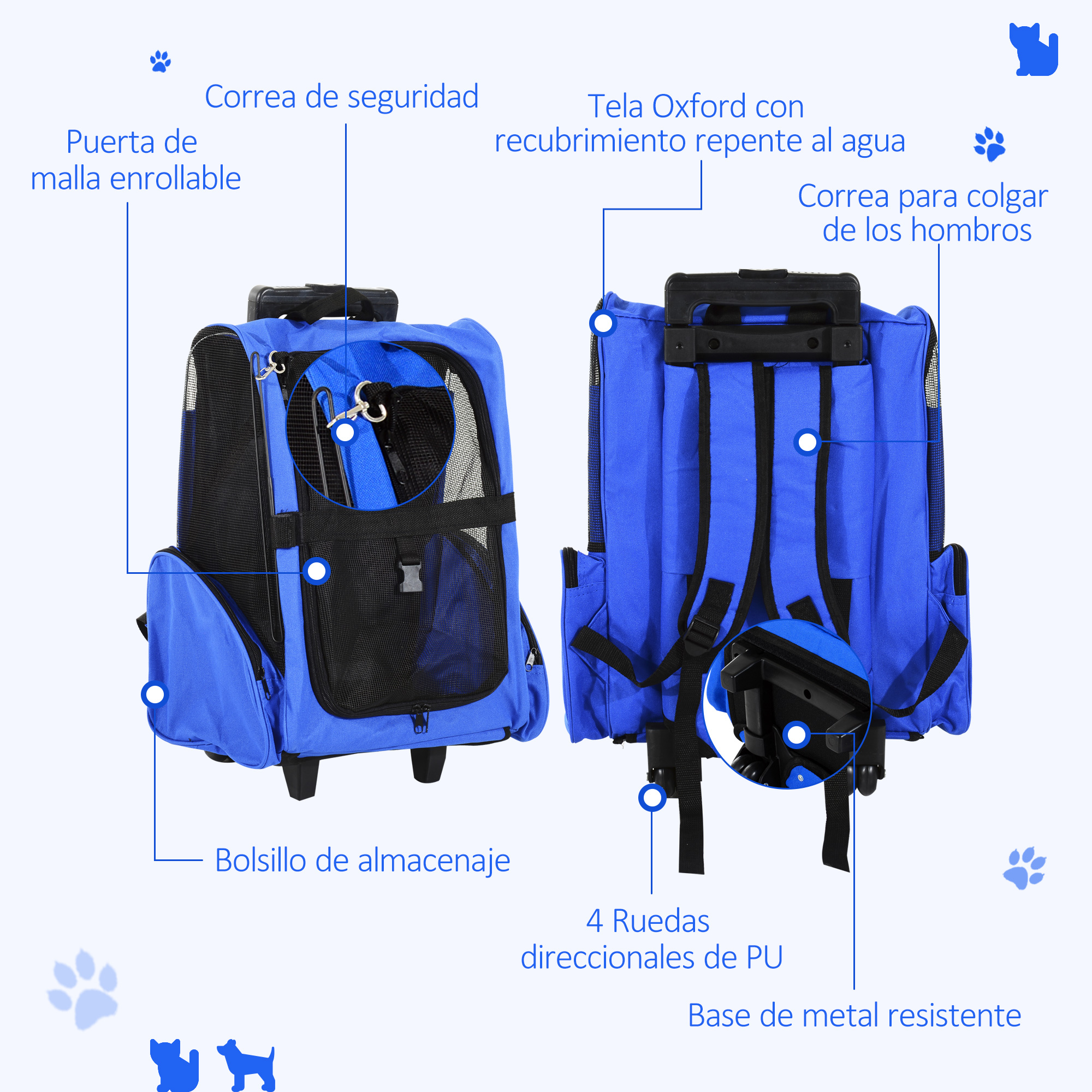 Transportín azul para mascotas con múltiples características. Fondo blanco.