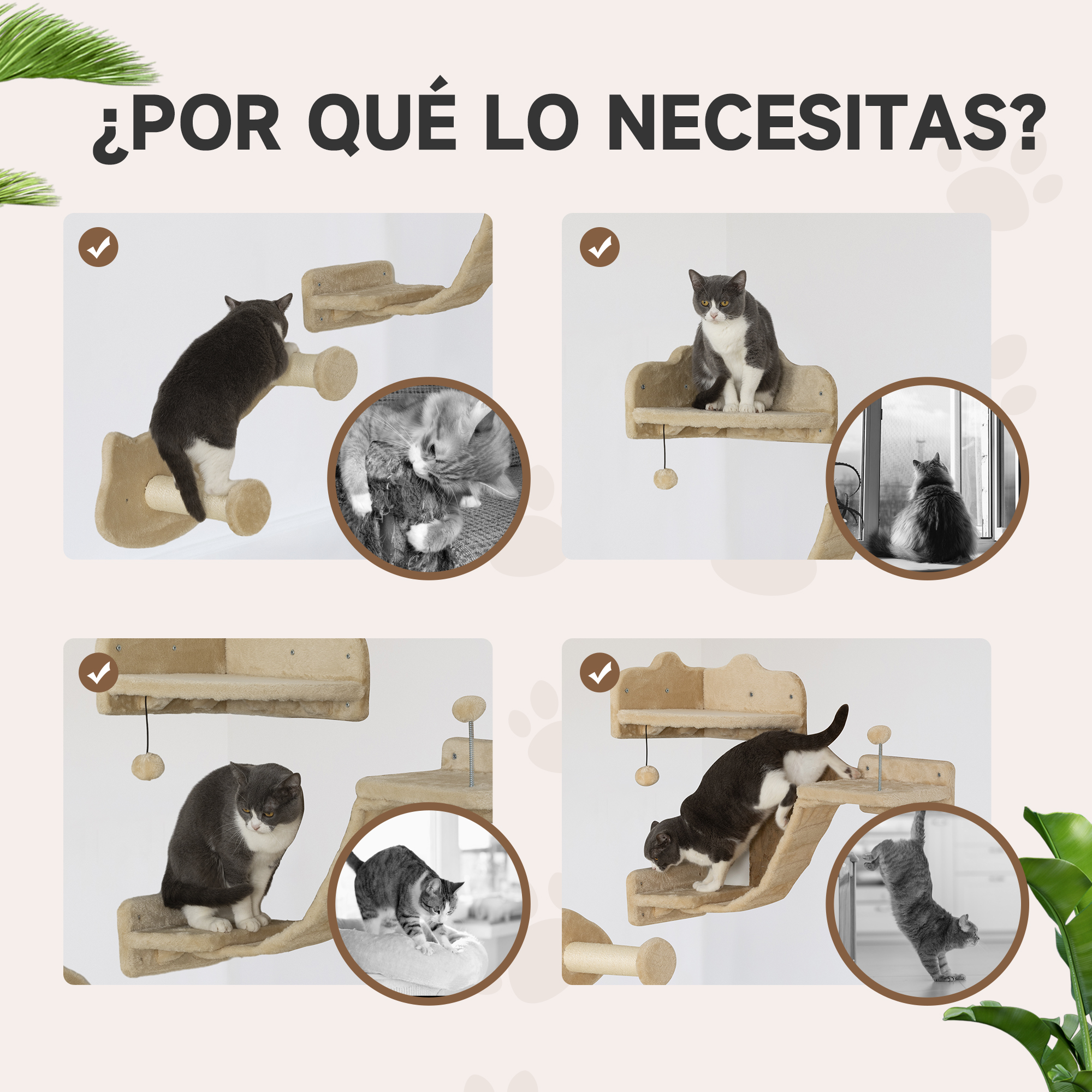 Gatos en muebles para gatos. La imagen muestra gatos trepando y descansando en varios árboles para gatos. Se muestran marcas de verificación.