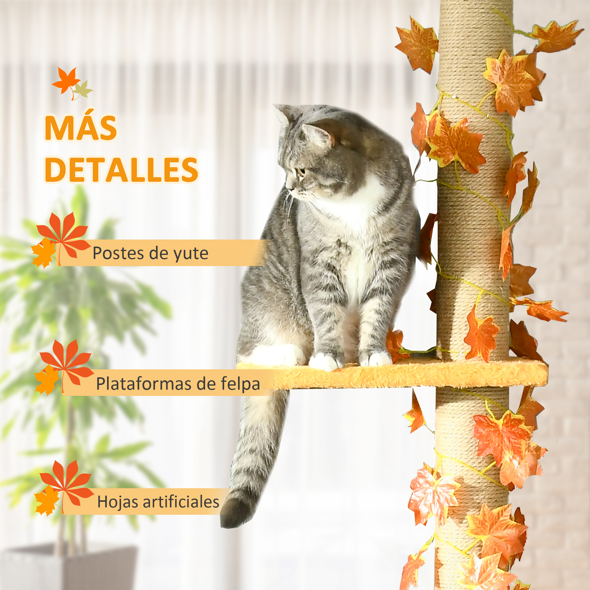 Un gato en un árbol para gatos con hojas marrones y naranjas adjuntas. El texto dice 'Más detalles'.