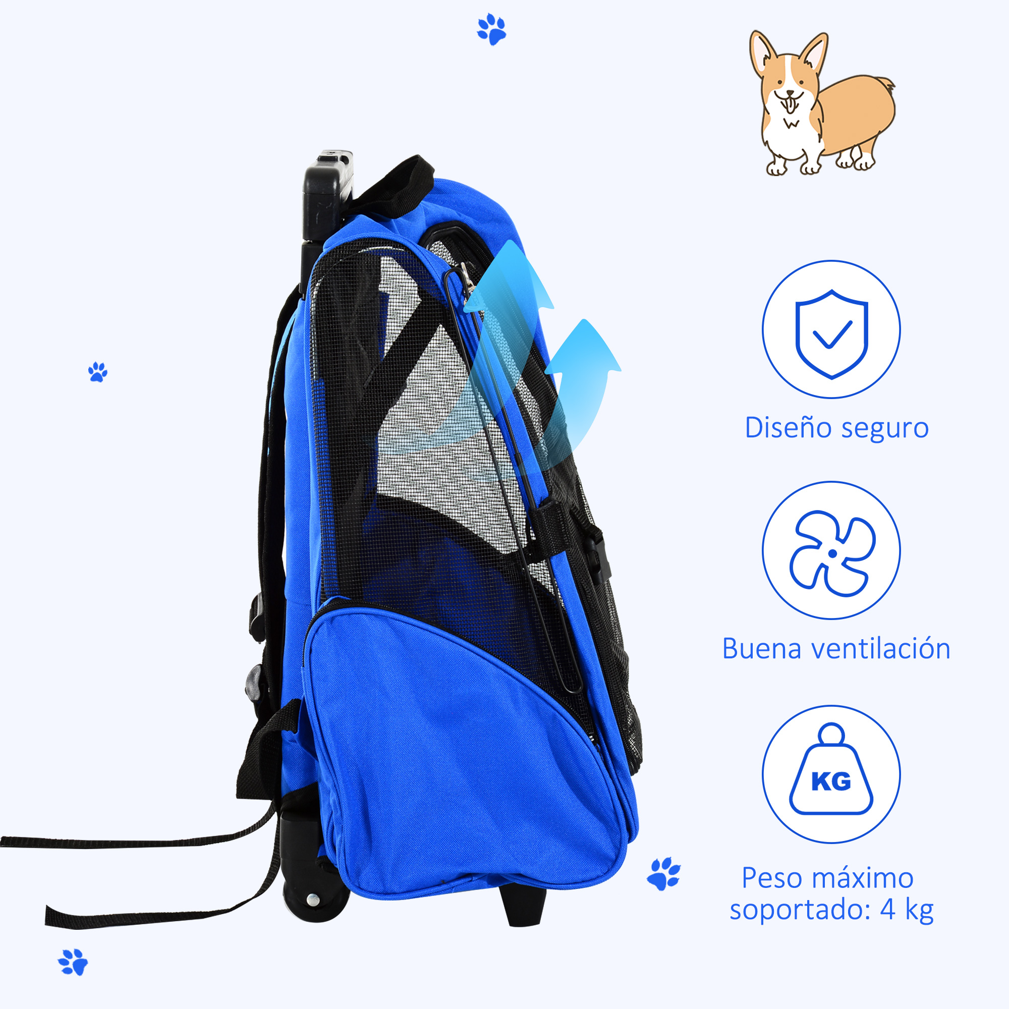 Mochila transportadora azul para mascotas, vista lateral. Tiene una ventana de malla e iconos de seguridad, ventilación y peso.