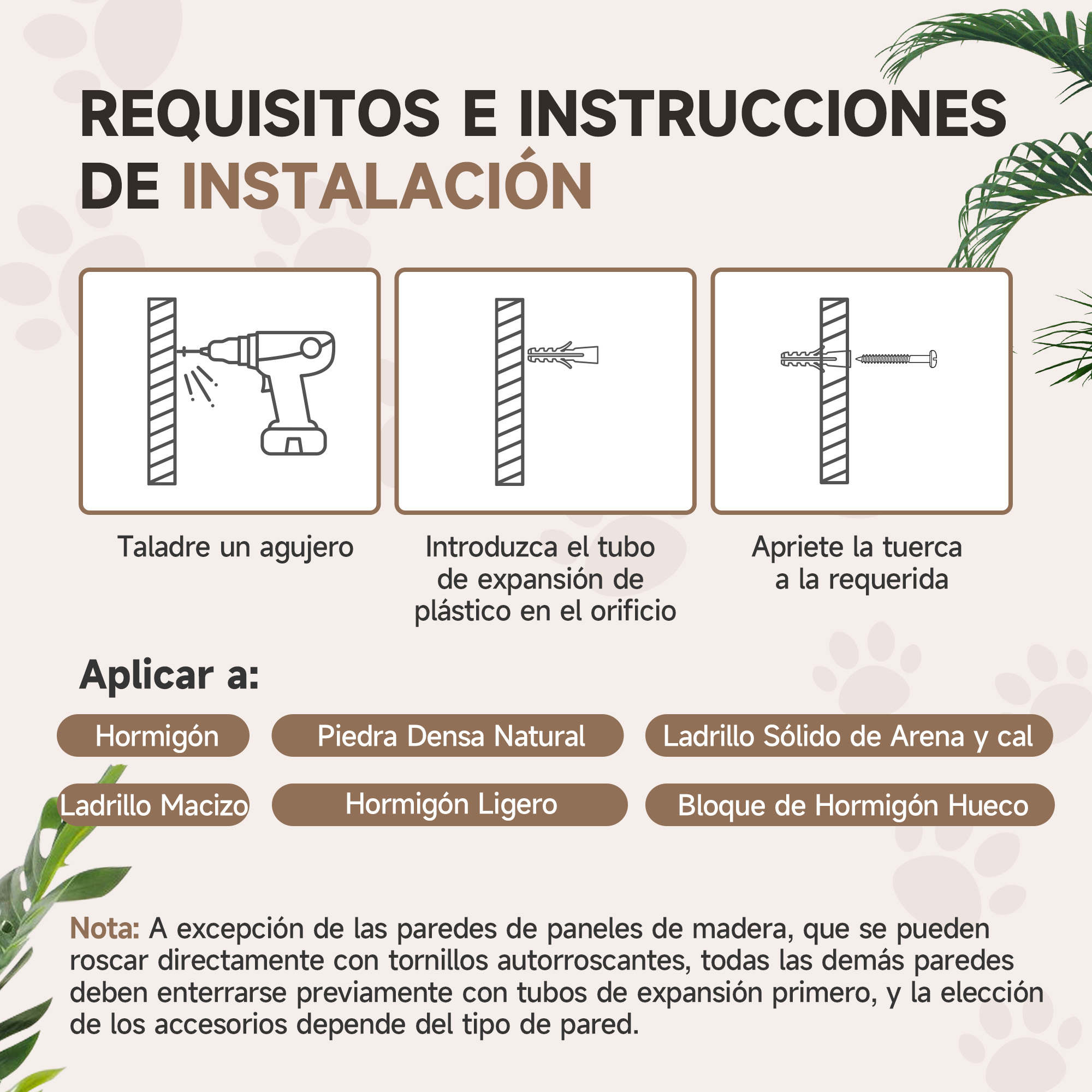 Instrucciones para instalar un artículo. Mostrando un taladro, un tubo de plástico y un tornillo.