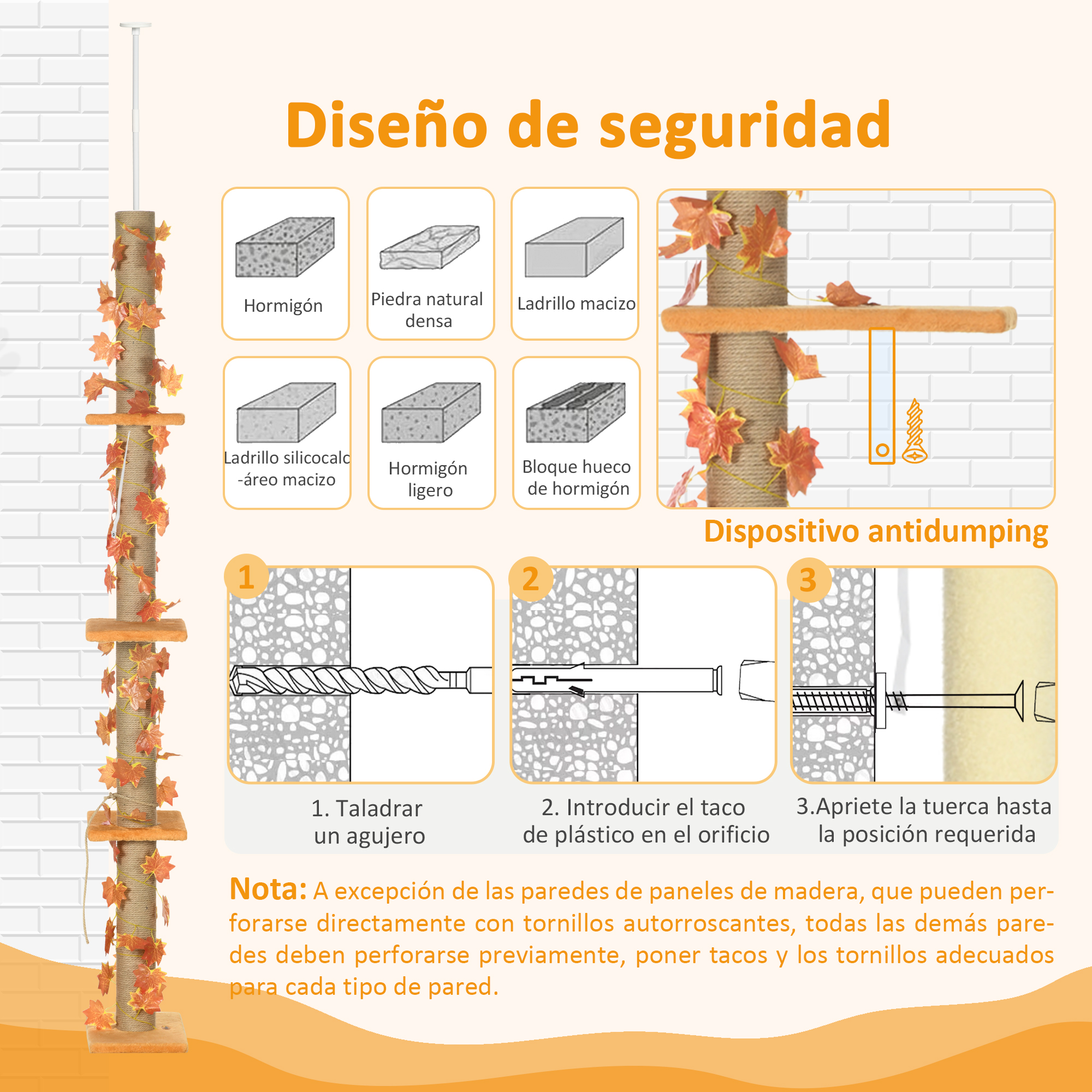 Diagrama que ilustra las instrucciones de montaje de un árbol para gatos, mostrando materiales y pasos para una instalación segura.