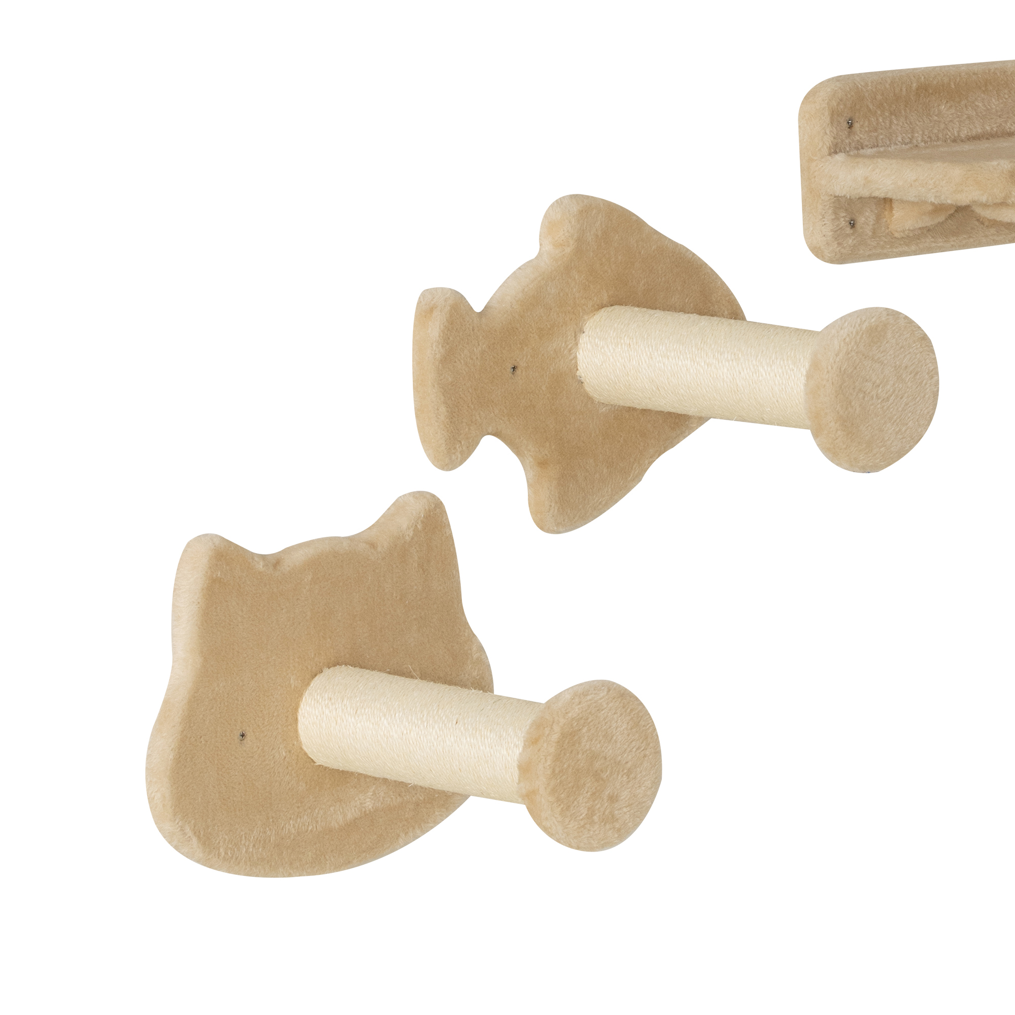 Postes rascadores para gatos, forma de gato y pez, beige, sobre fondo blanco.