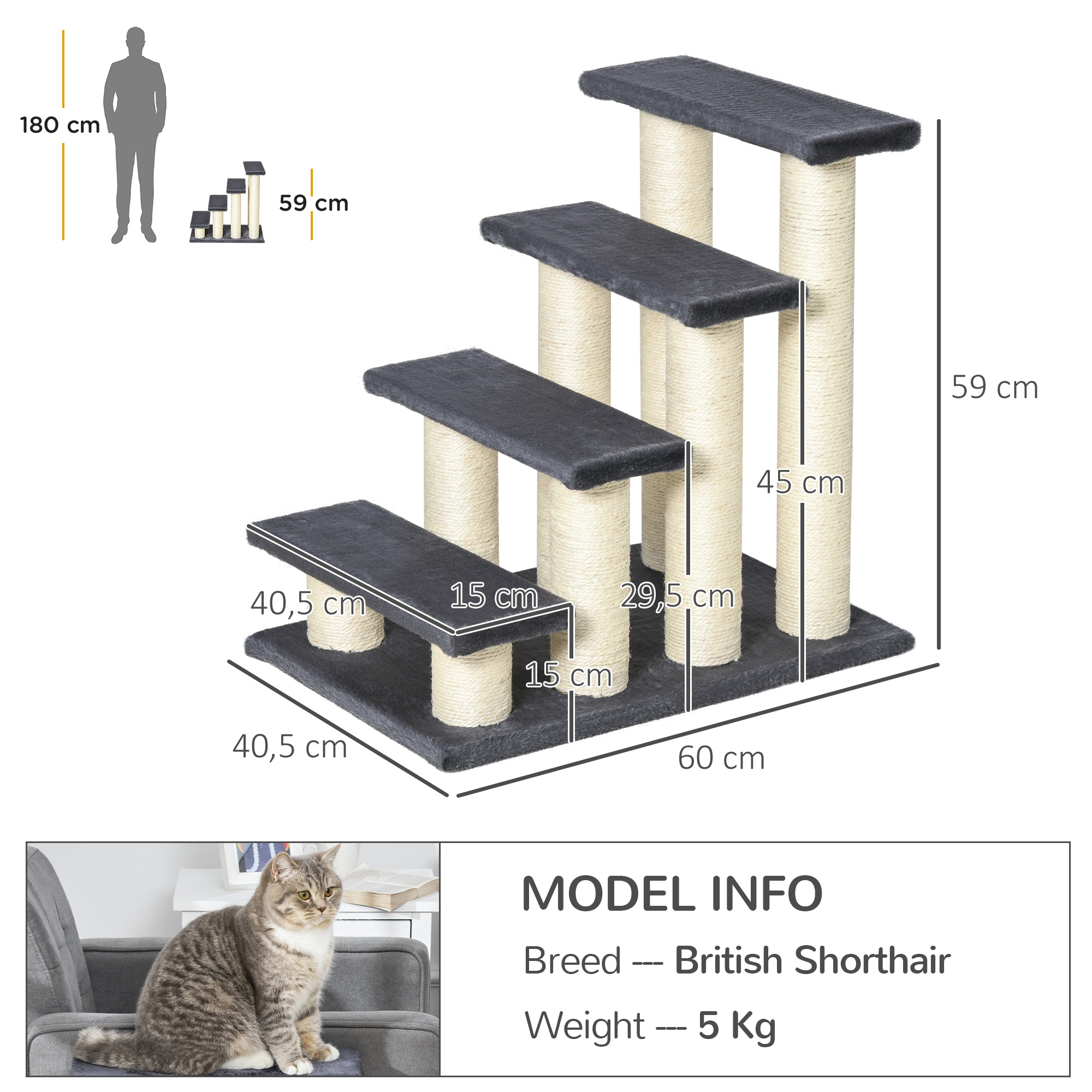 Escaleras para gatos con dimensiones y gato, incluyendo información del modelo sobre raza y peso.