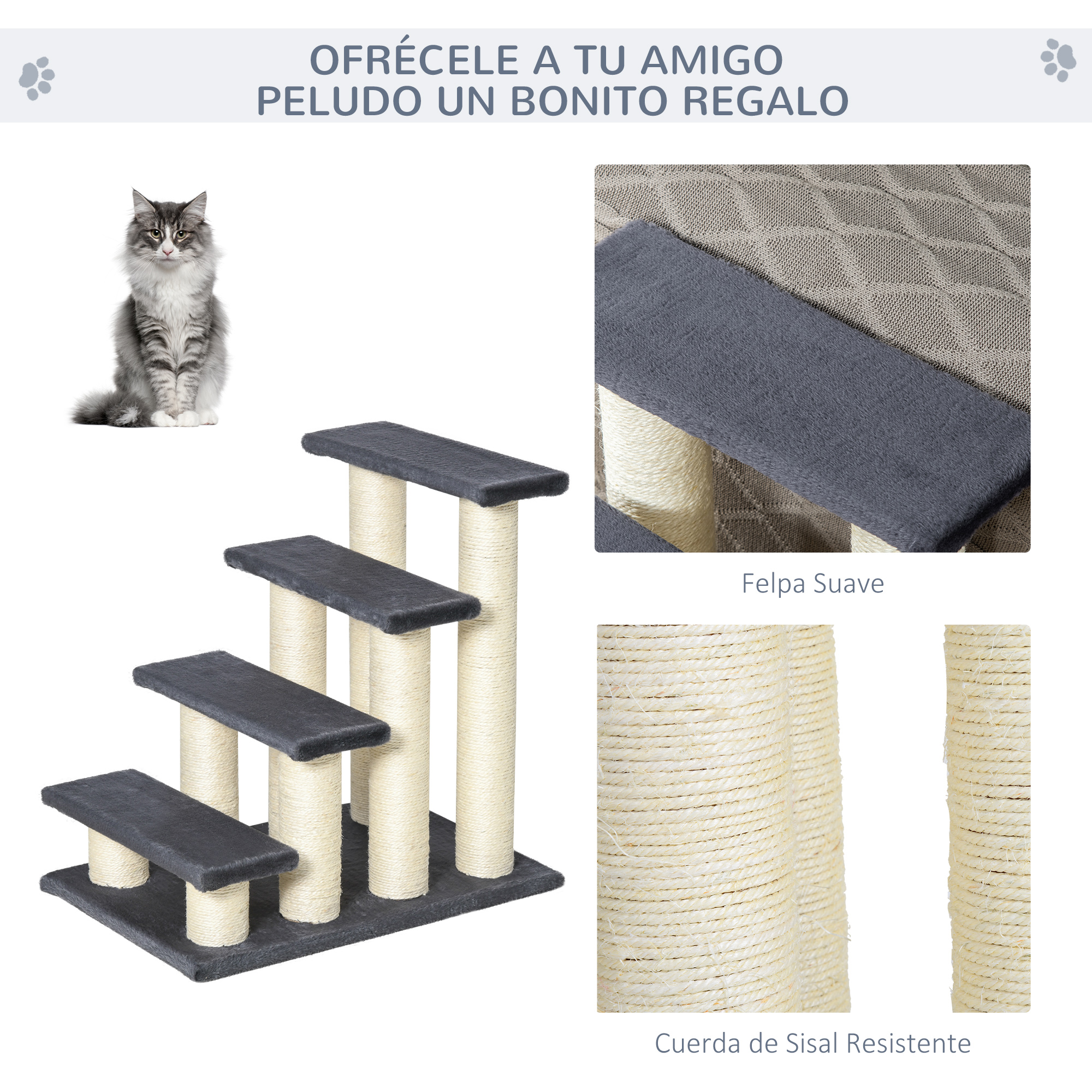 Un gato que sube los escalones del árbol para gatos. Primeros planos de las texturas de la superficie del árbol.