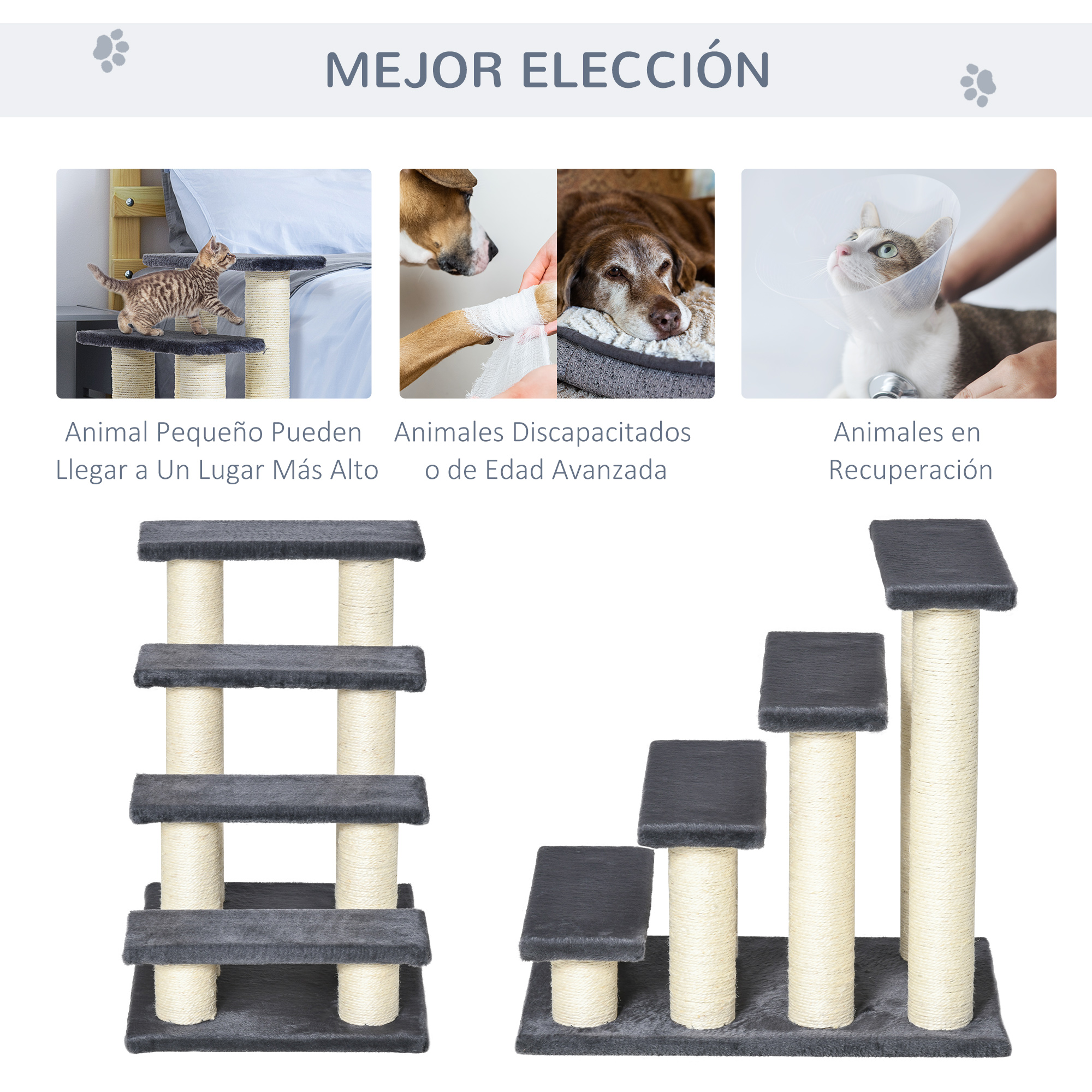 Una serie de árboles para gatos con diferentes diseños y una vista de animales como gatos y perros.