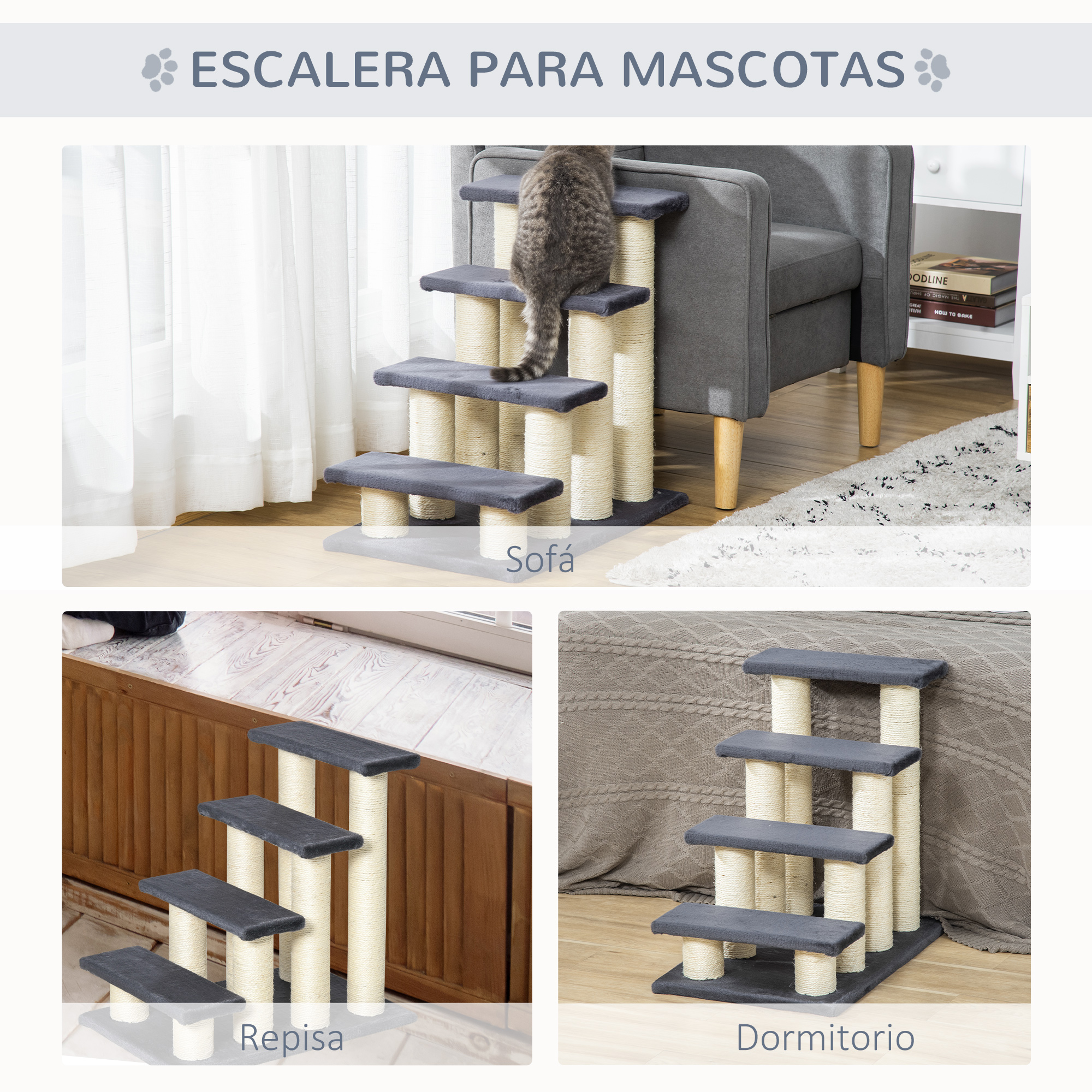 Escaleras para mascotas para un gato en diferentes entornos.