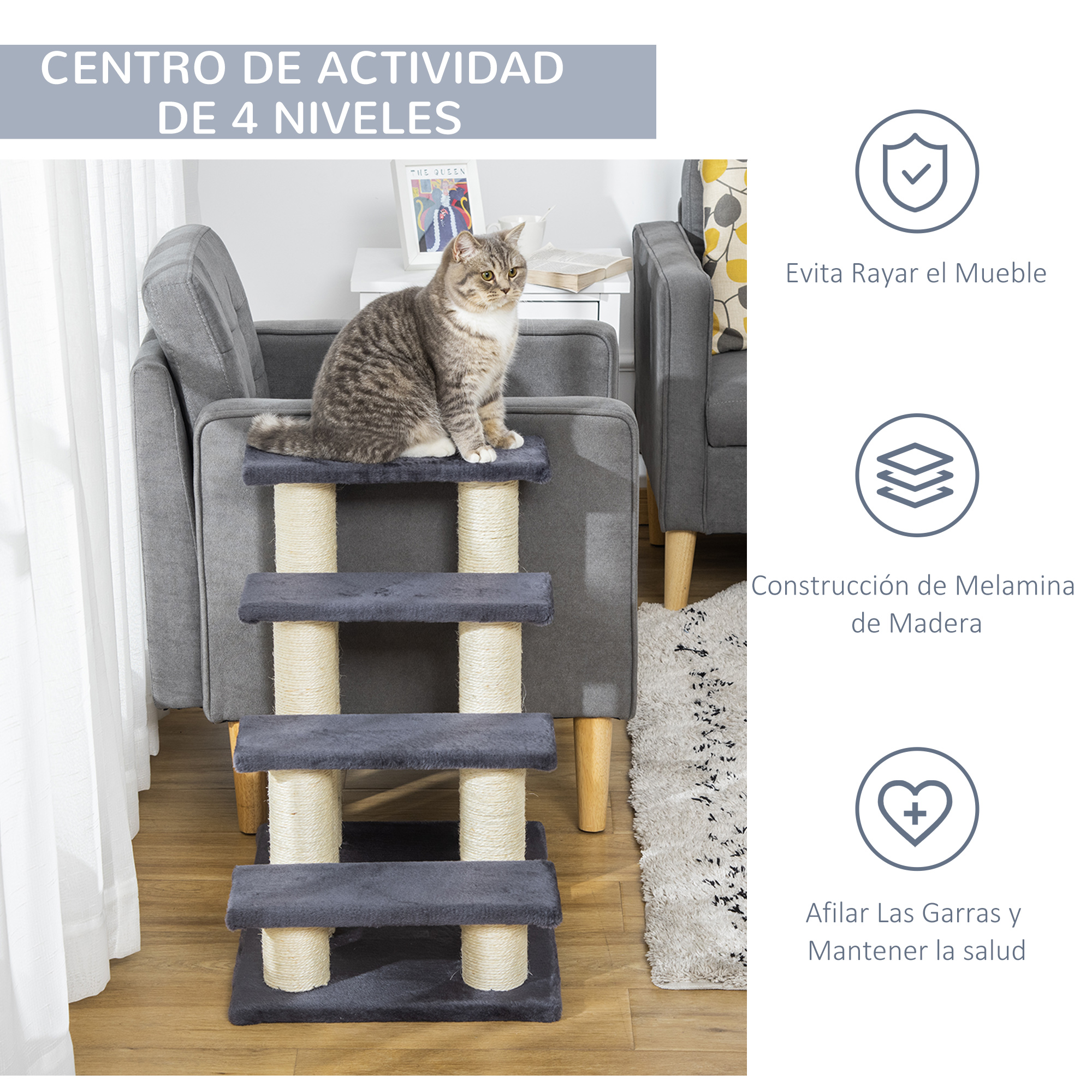 Centro de actividades para gatos con 4 niveles. Gato arriba. Iconos: evitar rayar muebles, melamina de madera y salud.