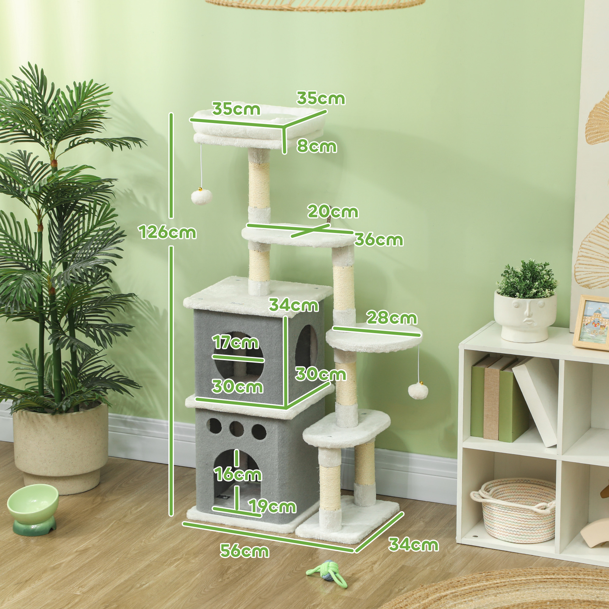 Un árbol para gatos alto con casa, plataformas y medidas etiquetadas.