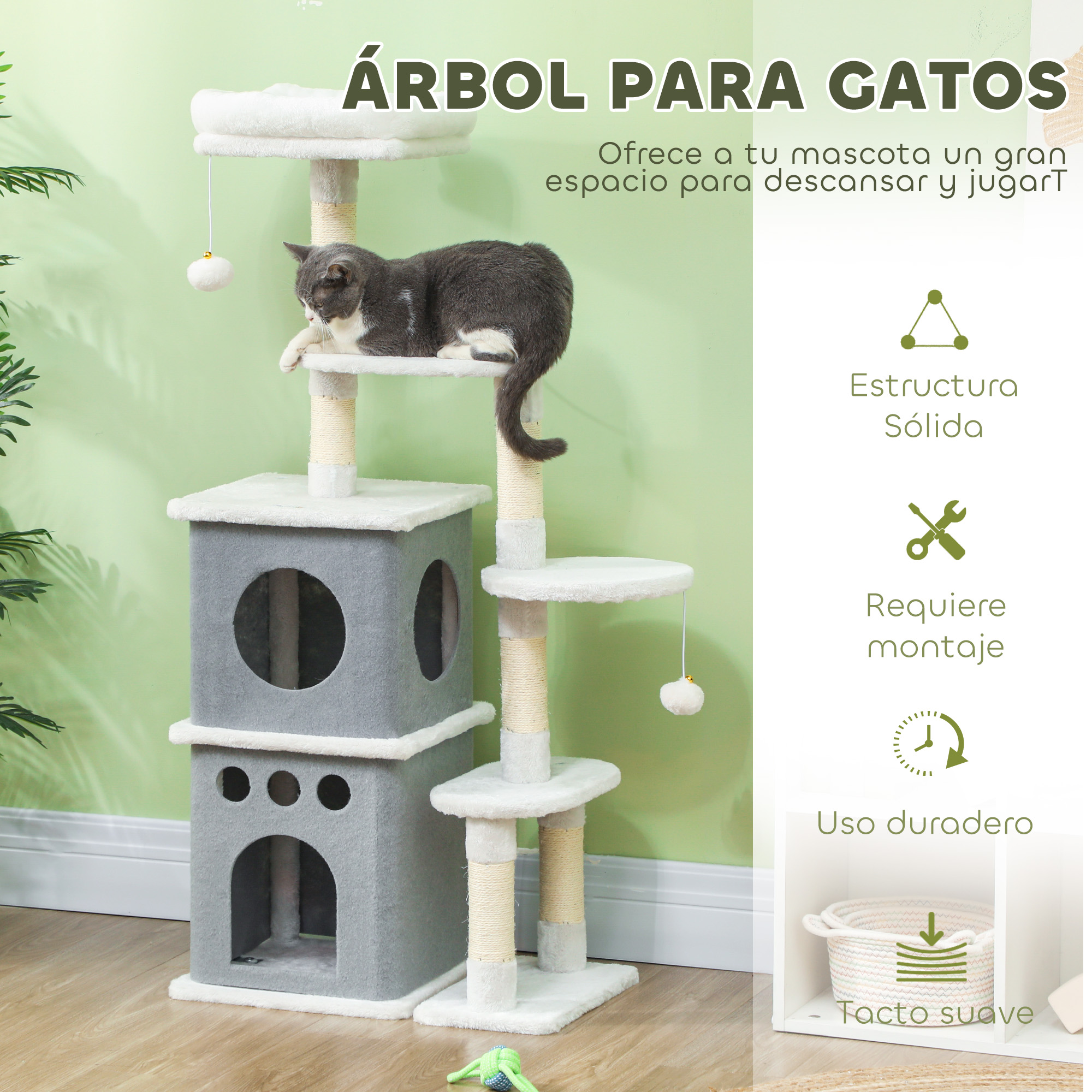 Árbol para gatos con gato en el nivel superior, texto en español.