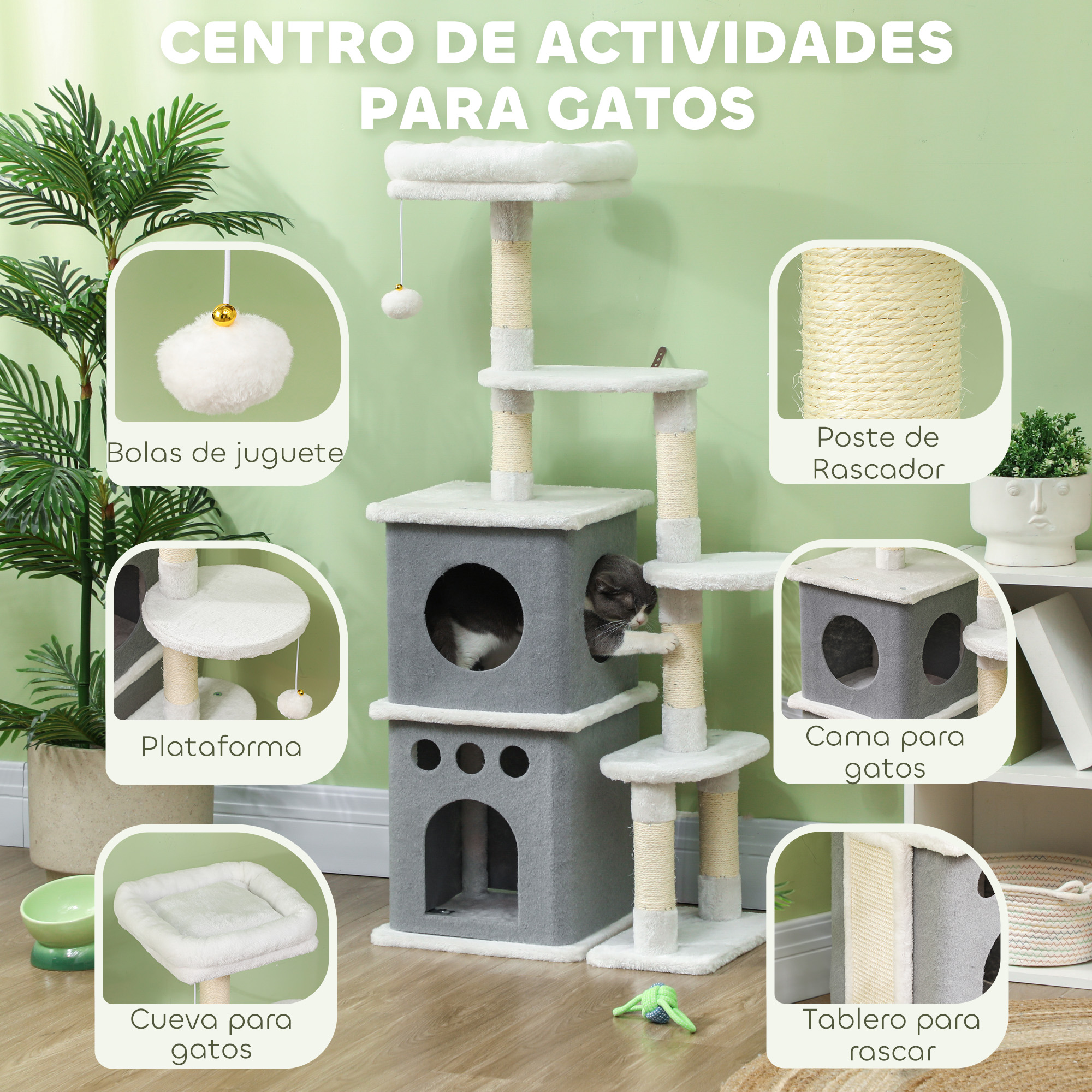 Centro de actividades para gatos con múltiples funciones. Incluye una cama, un rascador y juguetes. Fondo verde.