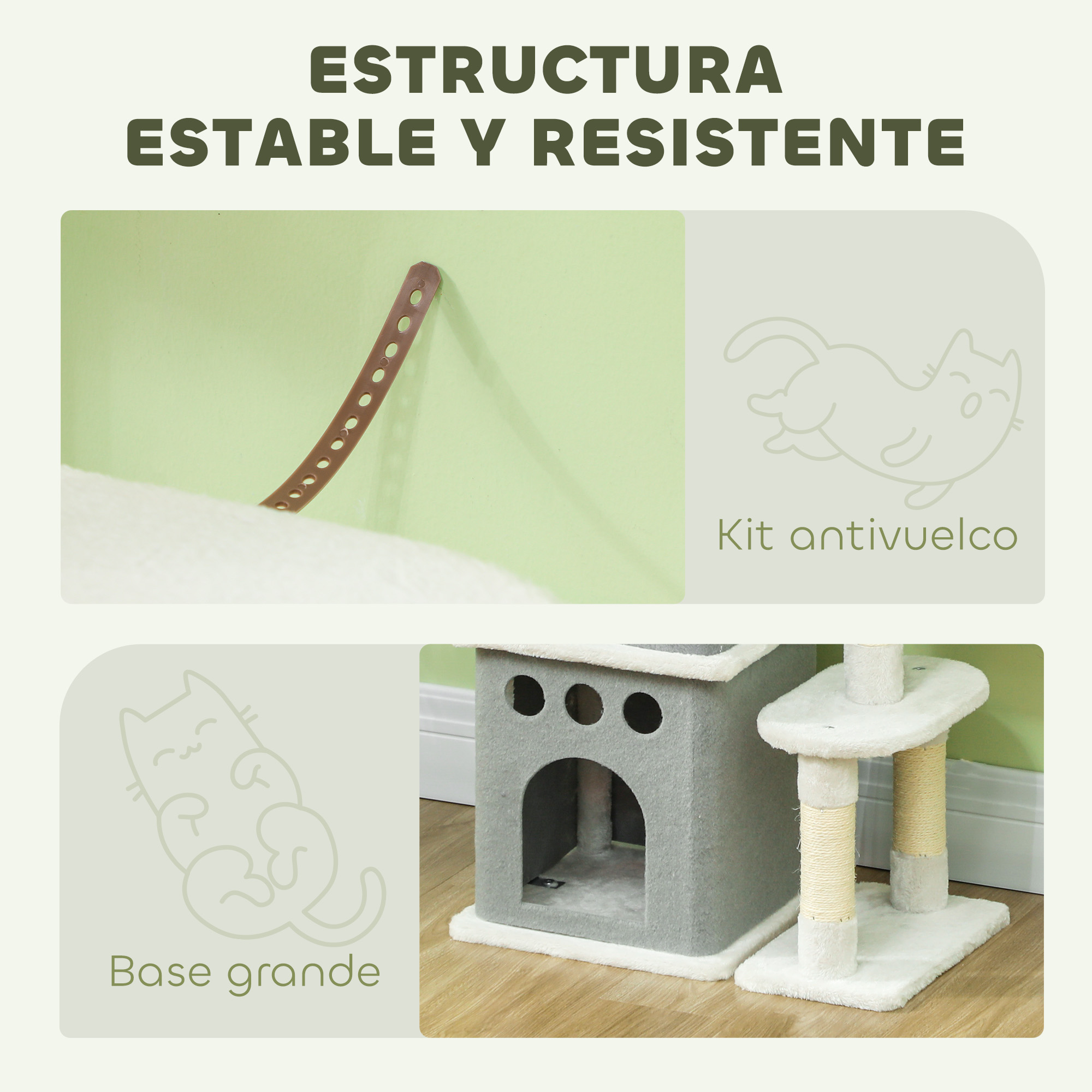Un árbol para gatos con estructura estable, kit antivuelco y base grande. Se muestran siluetas de gatos.
