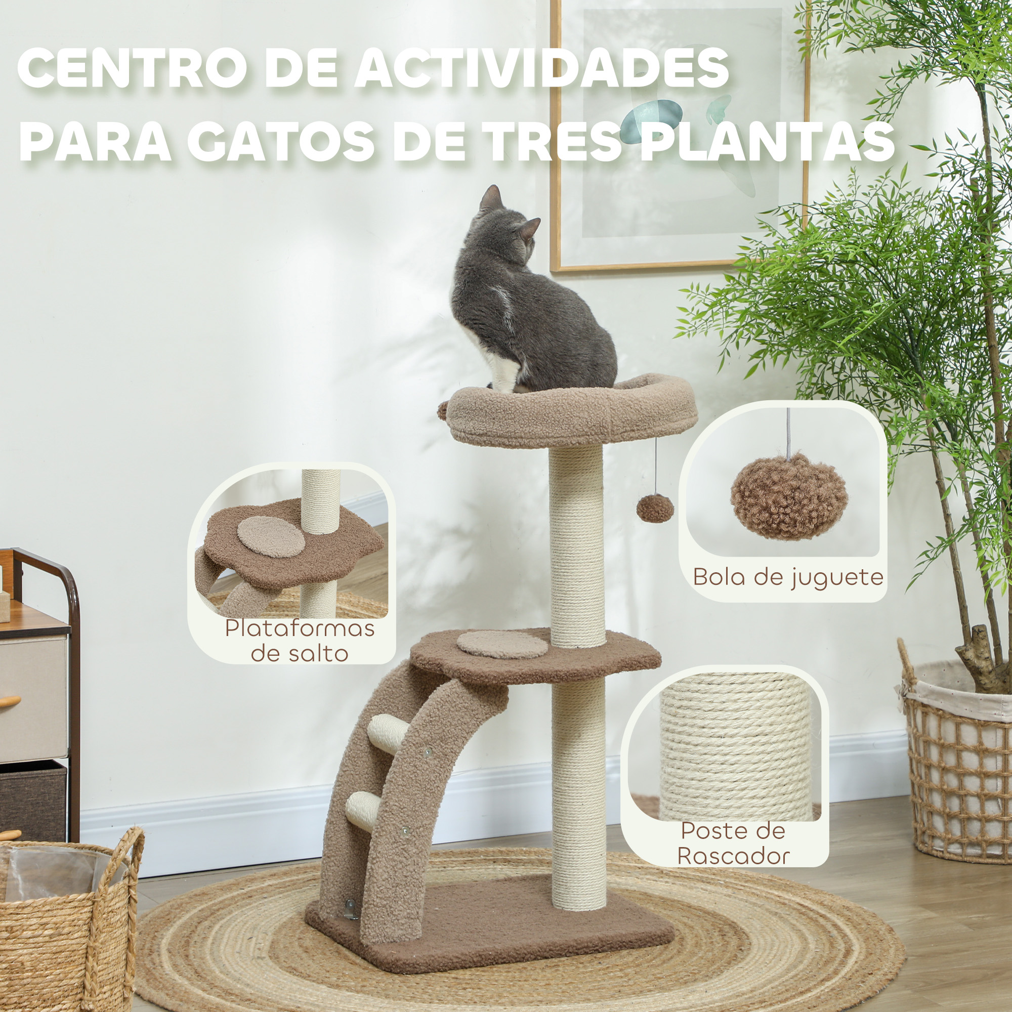 Árbol para gatos con plataformas, rascador y un gato. El fondo incluye plantas.