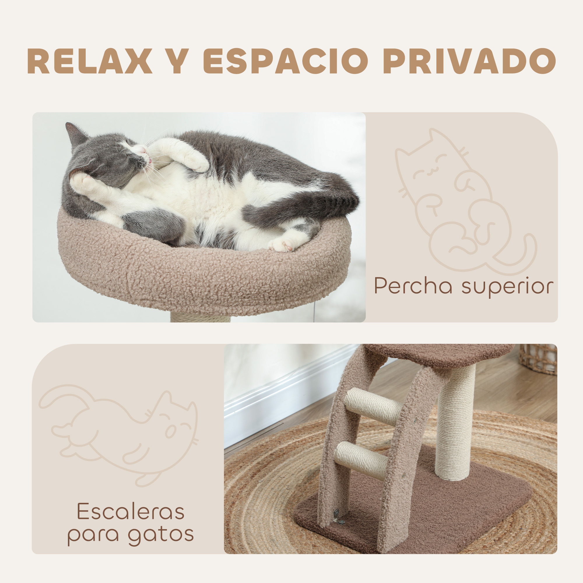 Gato en un árbol para gatos, relajándose en una cama de felpa, con escalera y rascador.