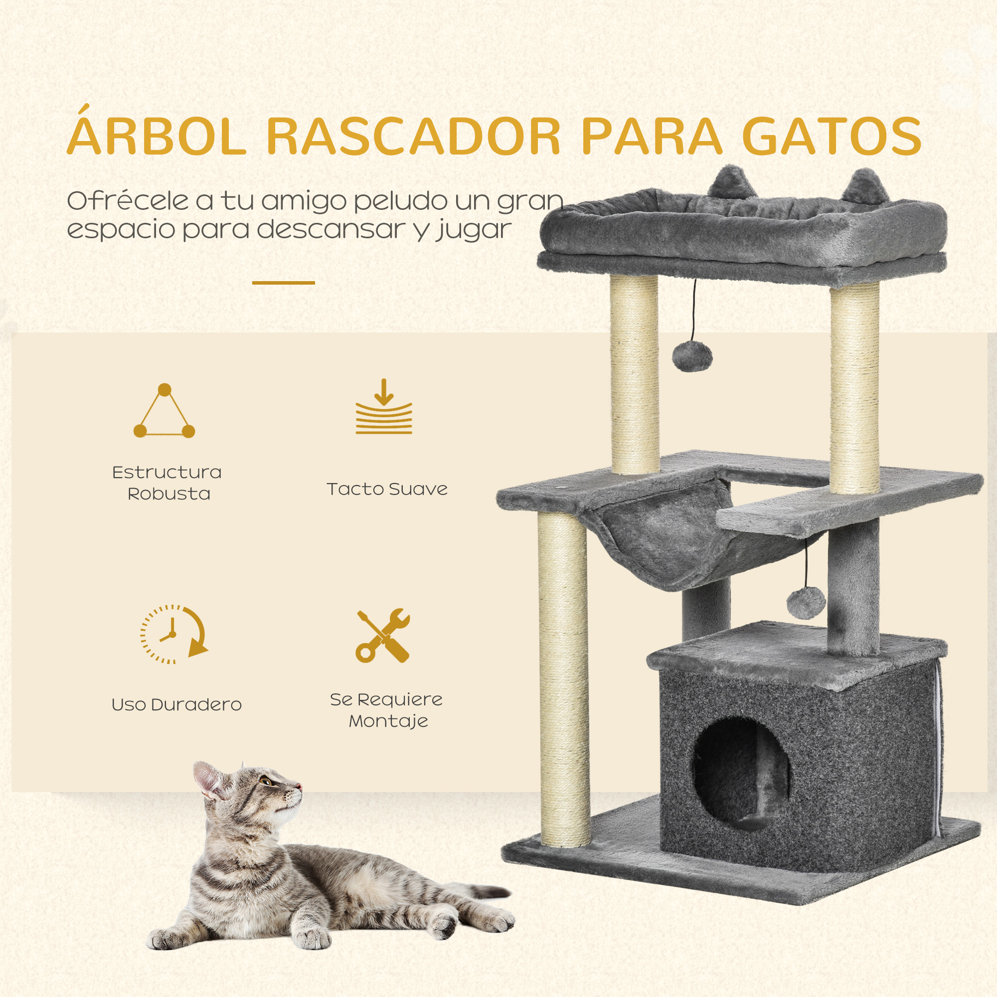 Un rascador para gatos con una casa y múltiples plataformas.