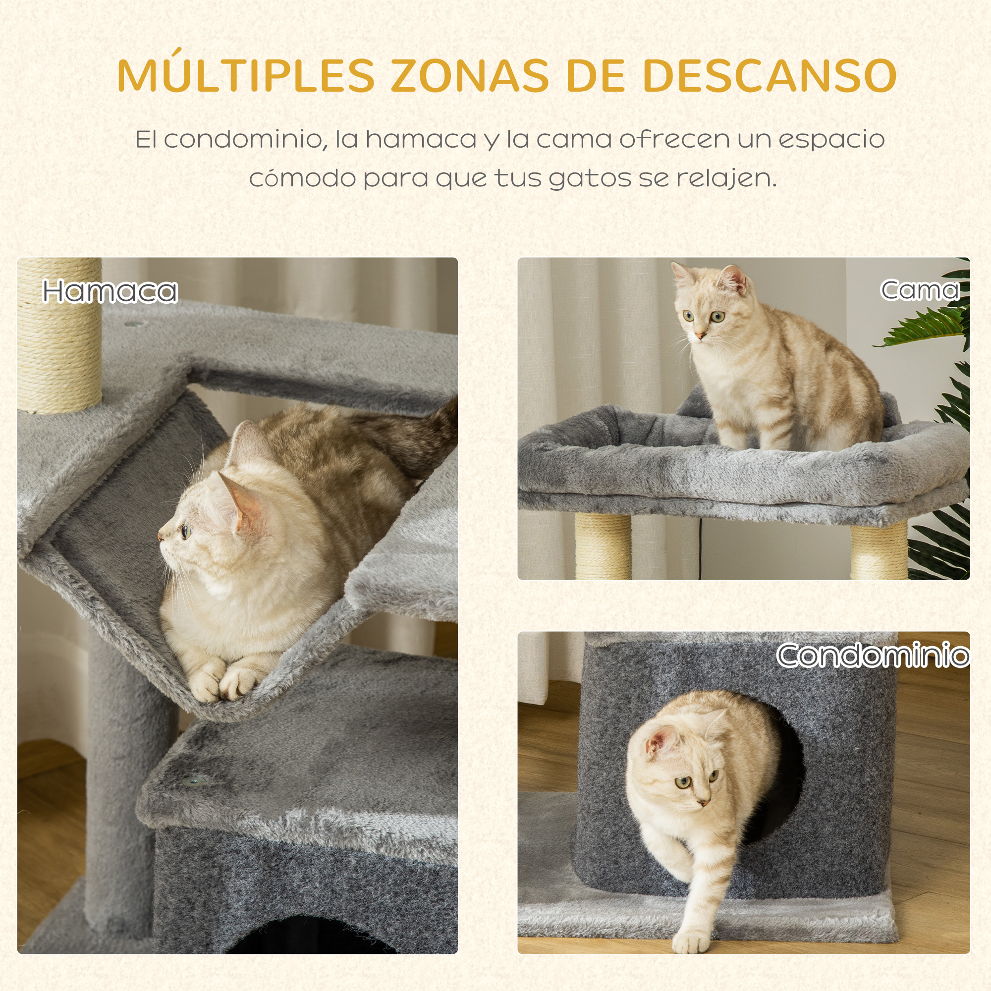 Múltiples áreas de descanso para gatos: hamaca, cama y condominio. Fondo blanco.