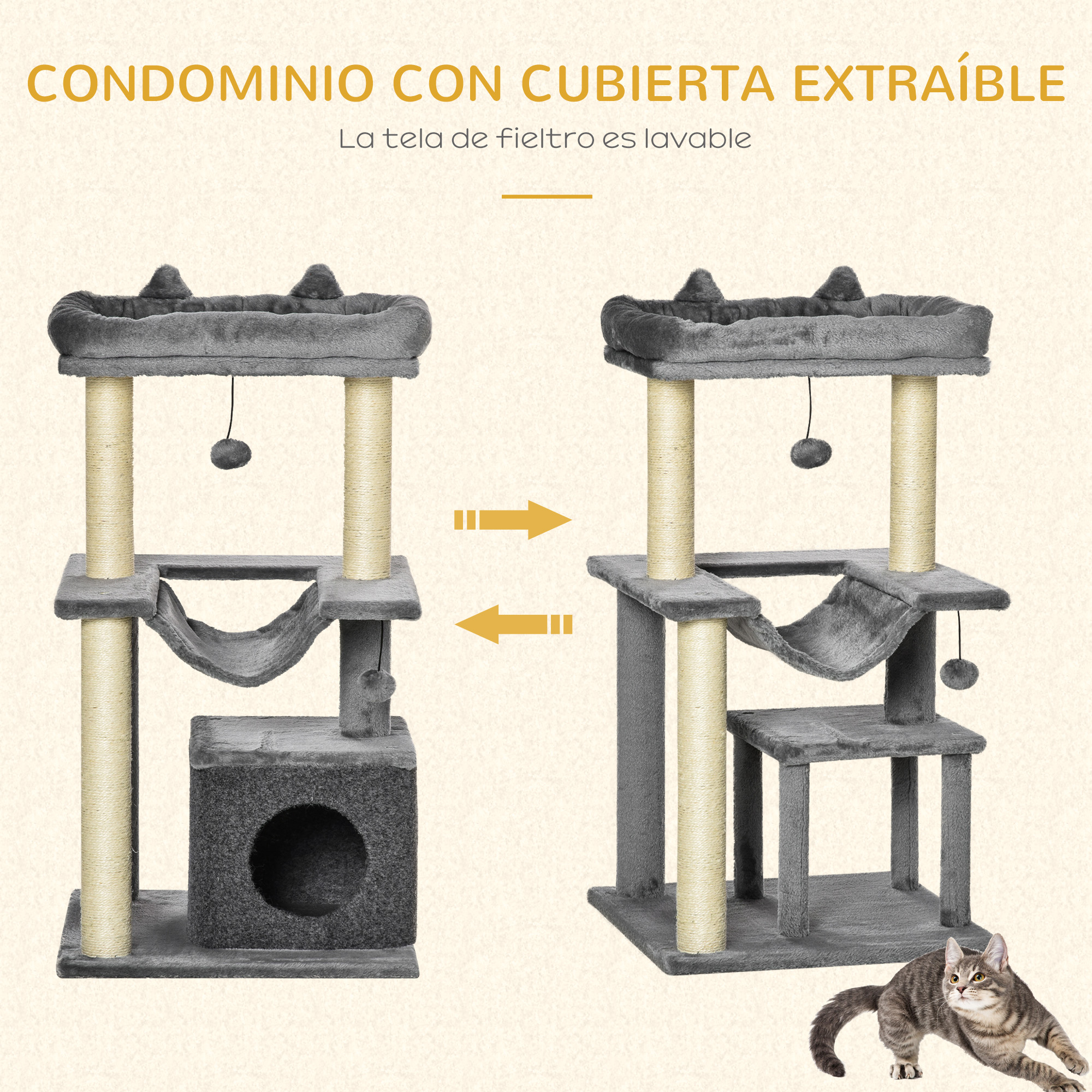 Dos árboles para gatos: uno montado, otro con funda extraíble y un gato. Texto en español.